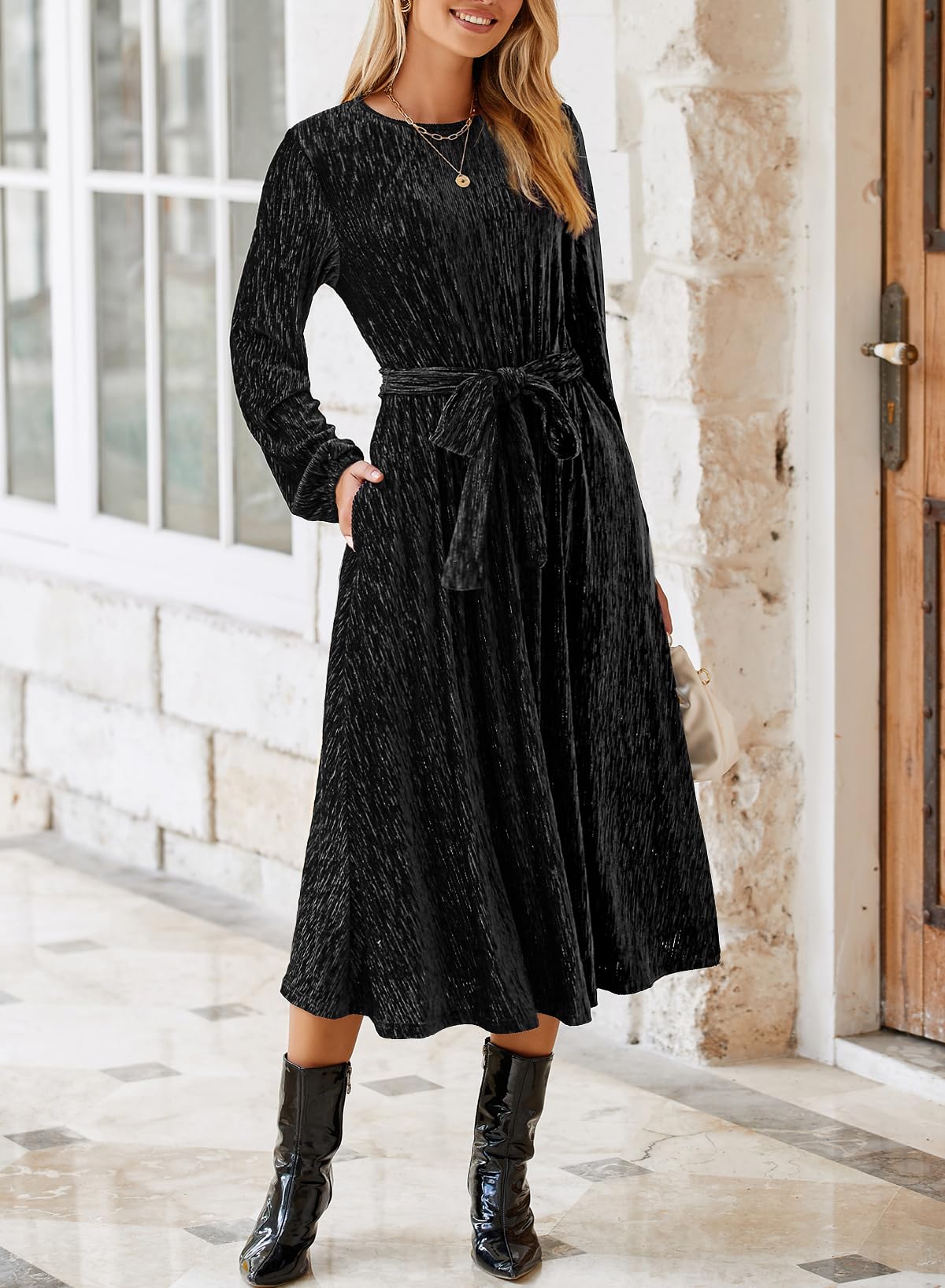 Elegant Women's Velvet A-Line Dress with Lantern Sleeves - High Waist Formal Party Gown for Spring Occasions | Perfect for Weddings, Cocktail Parties & Evening Events