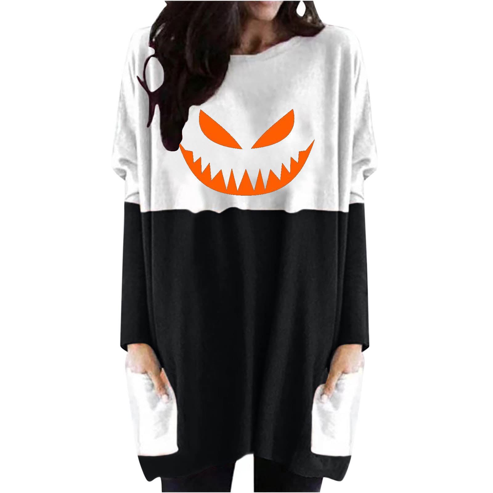 Women's Casual Loose Blouse Dress with Pocket - Long Sleeve Round Neck Printed Tunic Top for Halloween & Fall 2022 | Perfect for Party, Office Wear & Everyday Outfits
