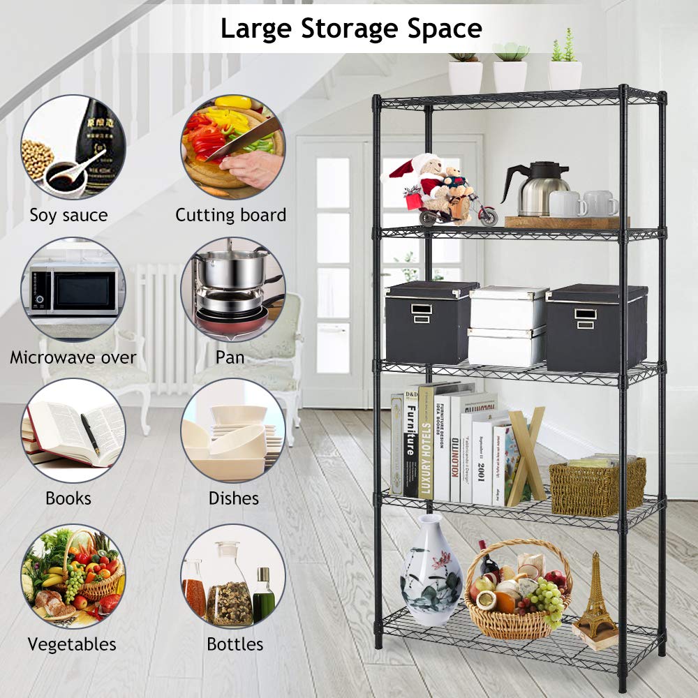 5-Tier Adjustable Heavy Duty Metal Storage Shelves - 250 Lbs Capacity Per Shelf, 36