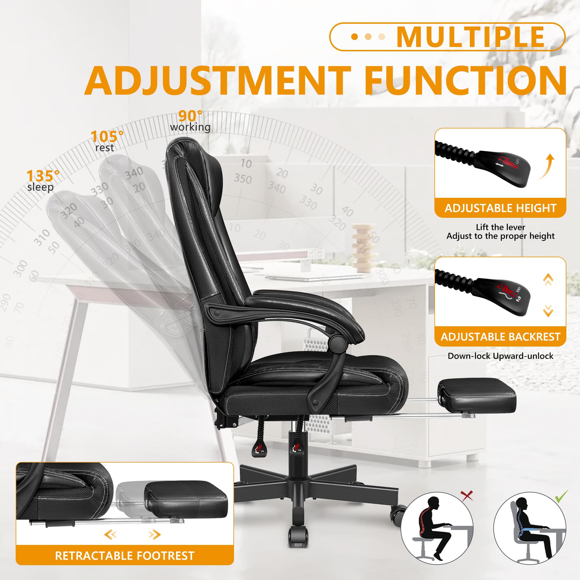 Premium Ergonomic Office Chair for Big and Tall - High Back Executive Leather Desk Chair with Lumbar Support, Swivel Base & Wheels - Home Office Computer Chair with Footrest (Glossy Black) - Perfect for Long Work Hours & Gaming Sessions