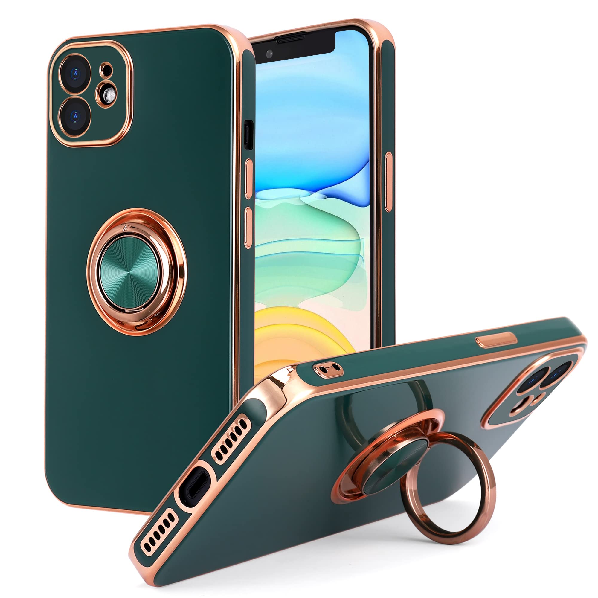 Magnetic Rotatable Ring Holder iPhone 11 Case - 360° Kickstand, Ultra Slim Soft Silicone Protective Cover with Edge Plating for 6.1 Inch iPhone 11 (Dark Green) - Perfect for Workouts, Commuting & Hands-Free Viewing