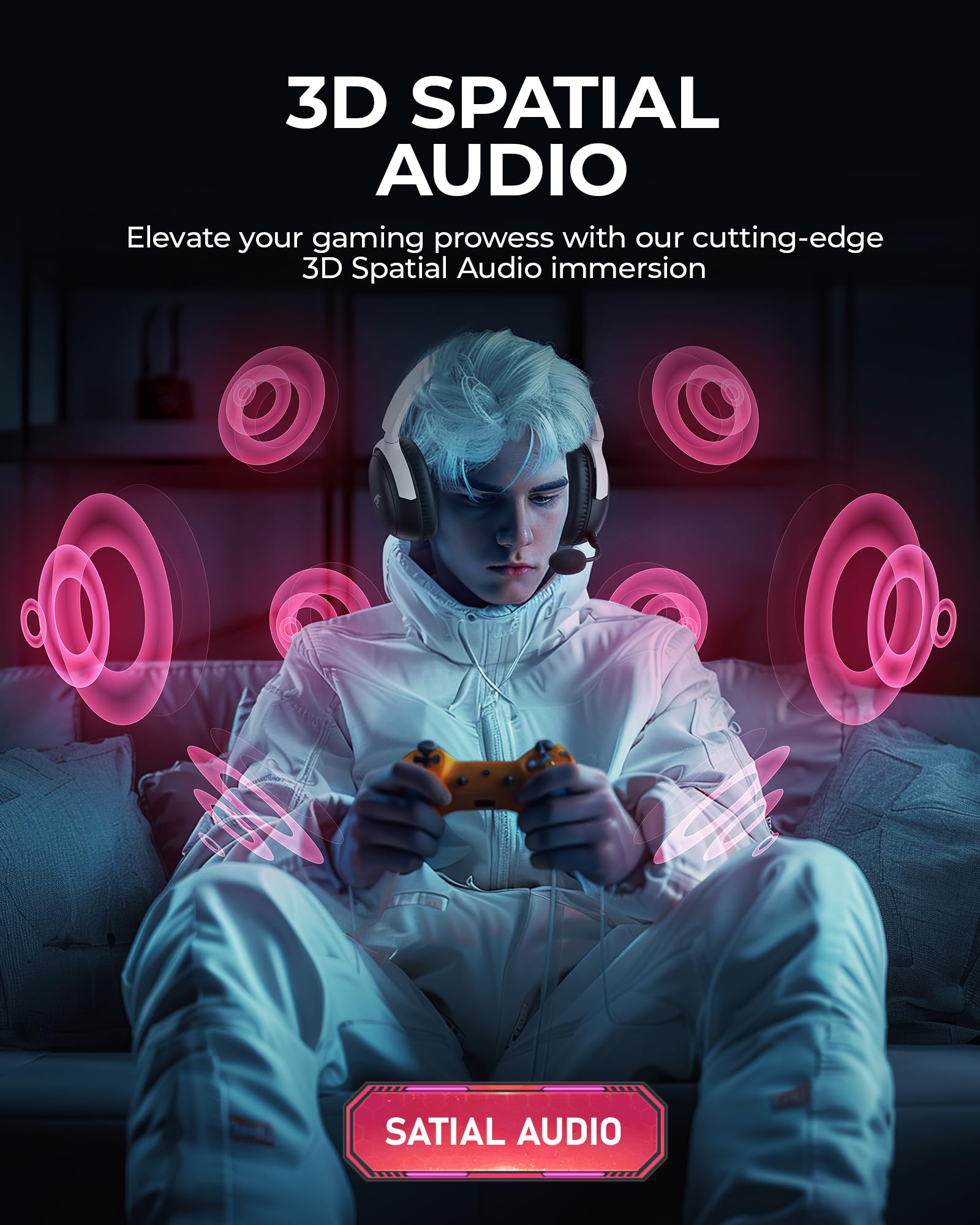 Wireless Gaming Headset with Bluetooth 5.4 & 2.4GHz USB - 53MM 3D Stereo Sound, 65H Battery, ENC Noise Canceling Mic for PS5, PC, PS4, Mac, Switch - Perfect for Immersive Gaming & Online Meetings