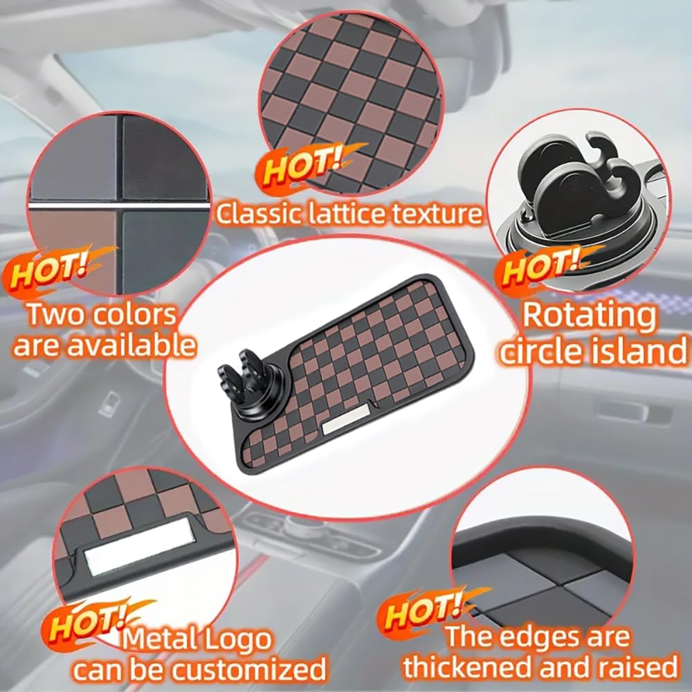 360° Rotating Anti-Slip Car Phone Holder & Dashboard Mat - Universal Phone Mount for iPhone Samsung Galaxy - Non-Slip Sticky Pad for Smartphones, Sunglasses, Keys (Black/Brown) - Perfect for Road Trips & Daily Commutes