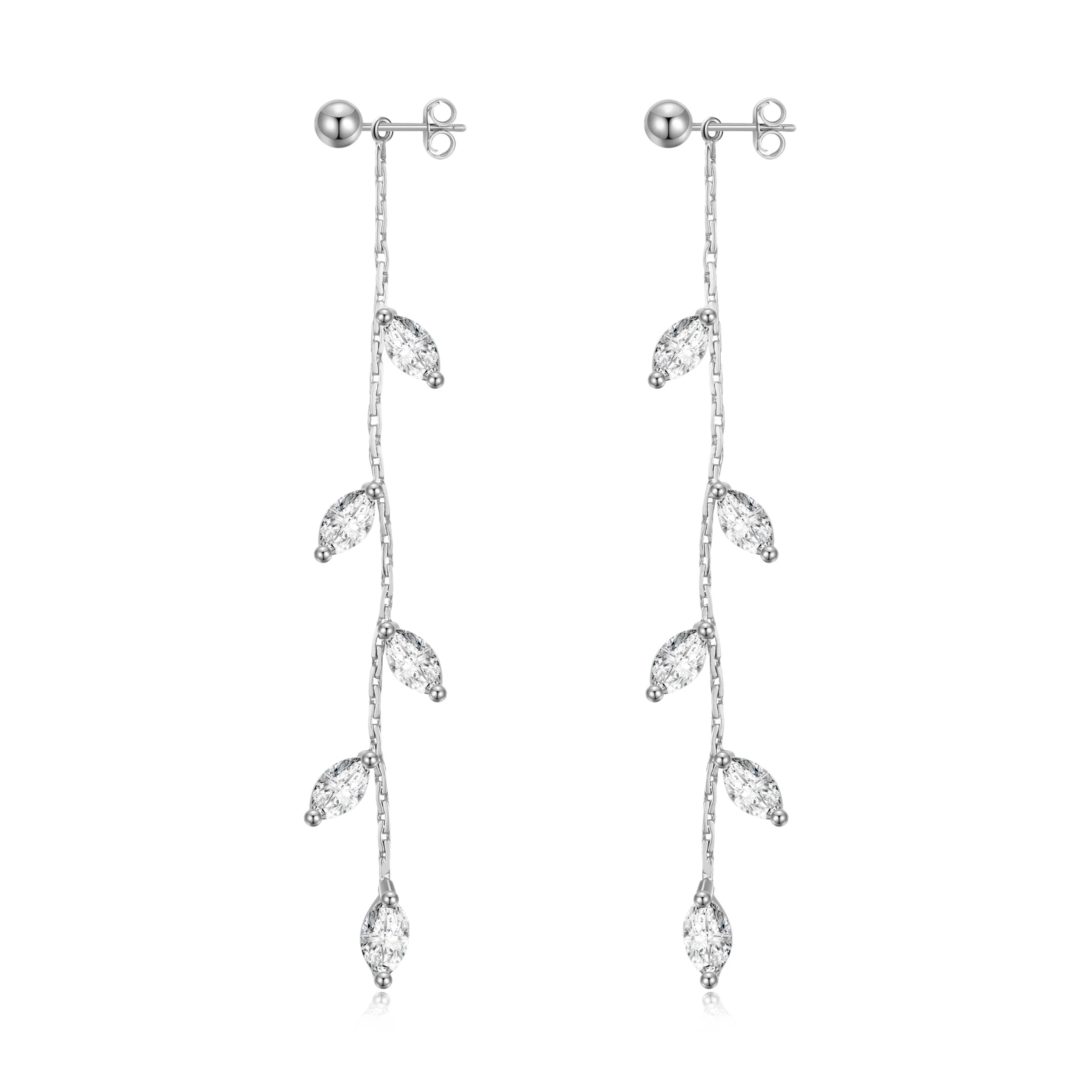 Silver Plated Leaf Earrings with Zirconia Crystals for Women - Elegant Party Jewelry