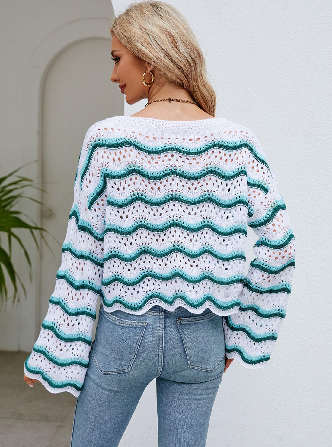 Lemon Girl Hollow Out Knit Stripe Sweater - Dolman Sleeves Loose Pullover Top for Women | Casual Chic Outfit for Fall & Winter | Perfect for Office, Dating and Weekend Wear