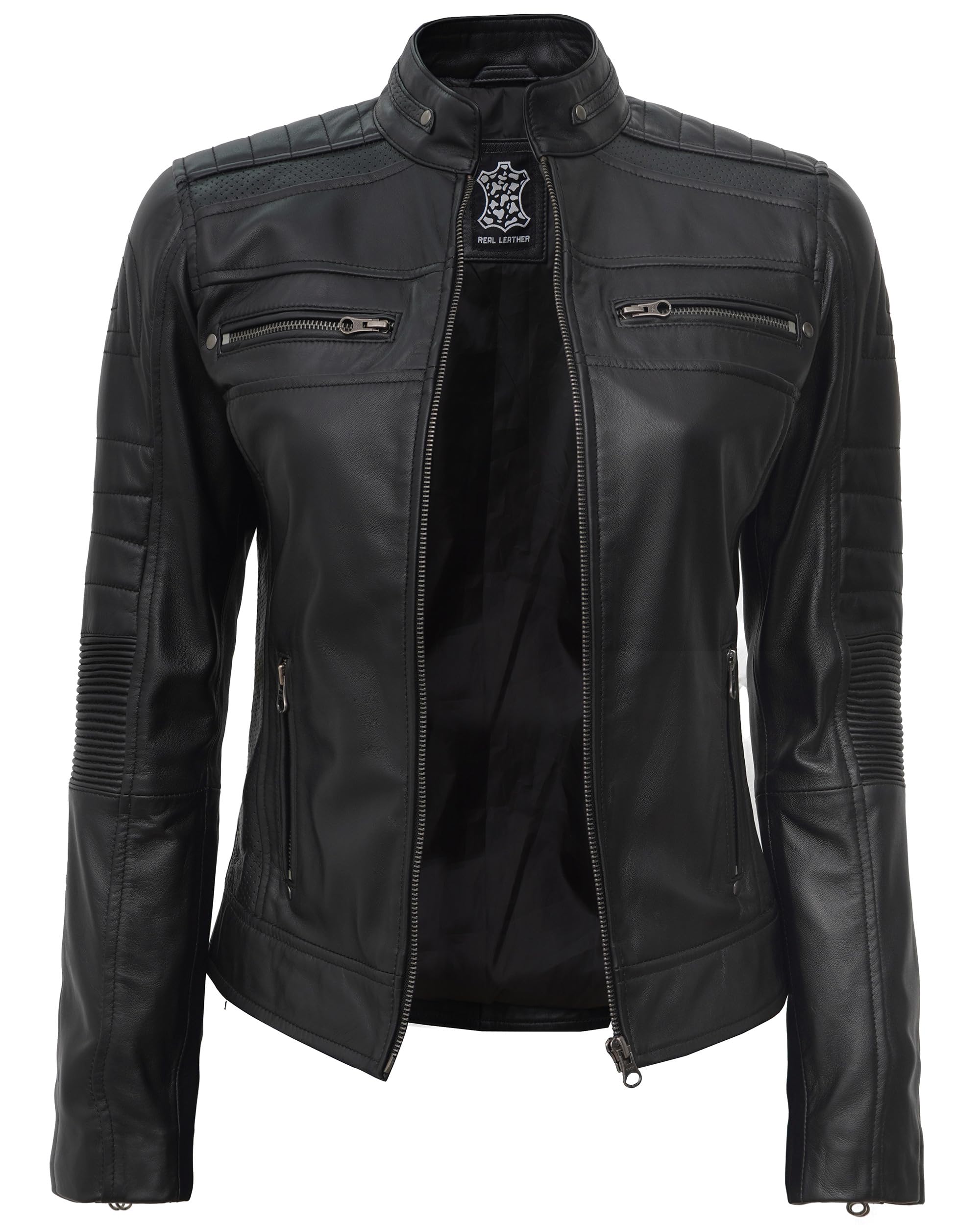 Decrum Genuine Leather Jacket for Women - Stylish Cafe Racer Motorcycle Jacket with Premium Real Leather - Perfect for Biker Fashion, Casual Outfits & Night Out Looks