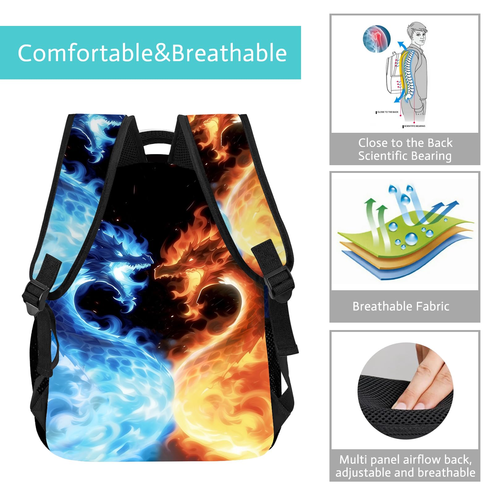 Fire Dragon Backpack for Boys & Girls - Cool School Backpack for Teens & Kids - 16.5 Inch Blue/Orange/Black - Perfect for School & Travel