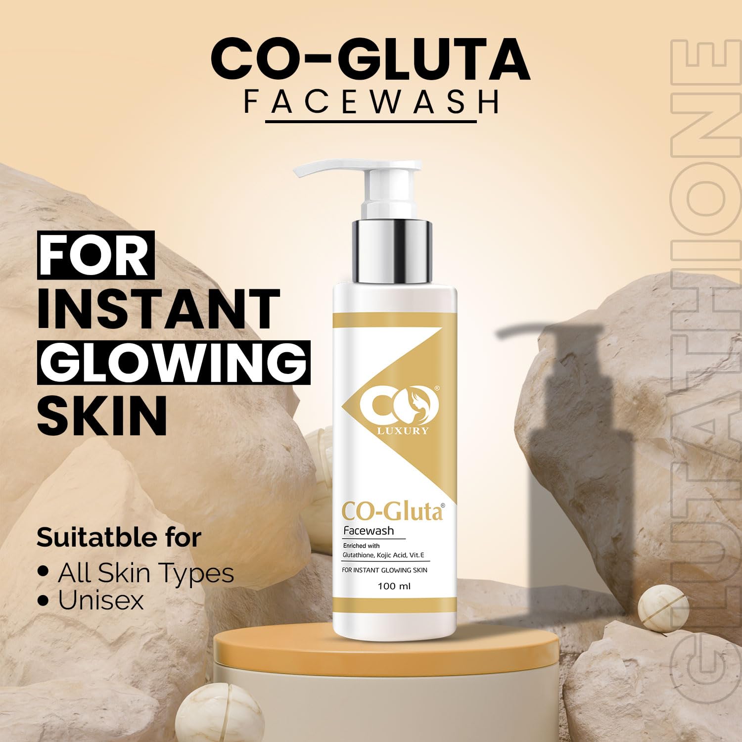 CO LUXURY Exfoliating Glutathione Face Wash with Vitamin C & E, Kojic Acid - Anti-Pigmentation, Skin Brightening, Oil Control & Hydrating Cleanser for Tan Removal (100ml) | Perfect for Daily Skincare Routine & Sun-Damaged Skin Repair