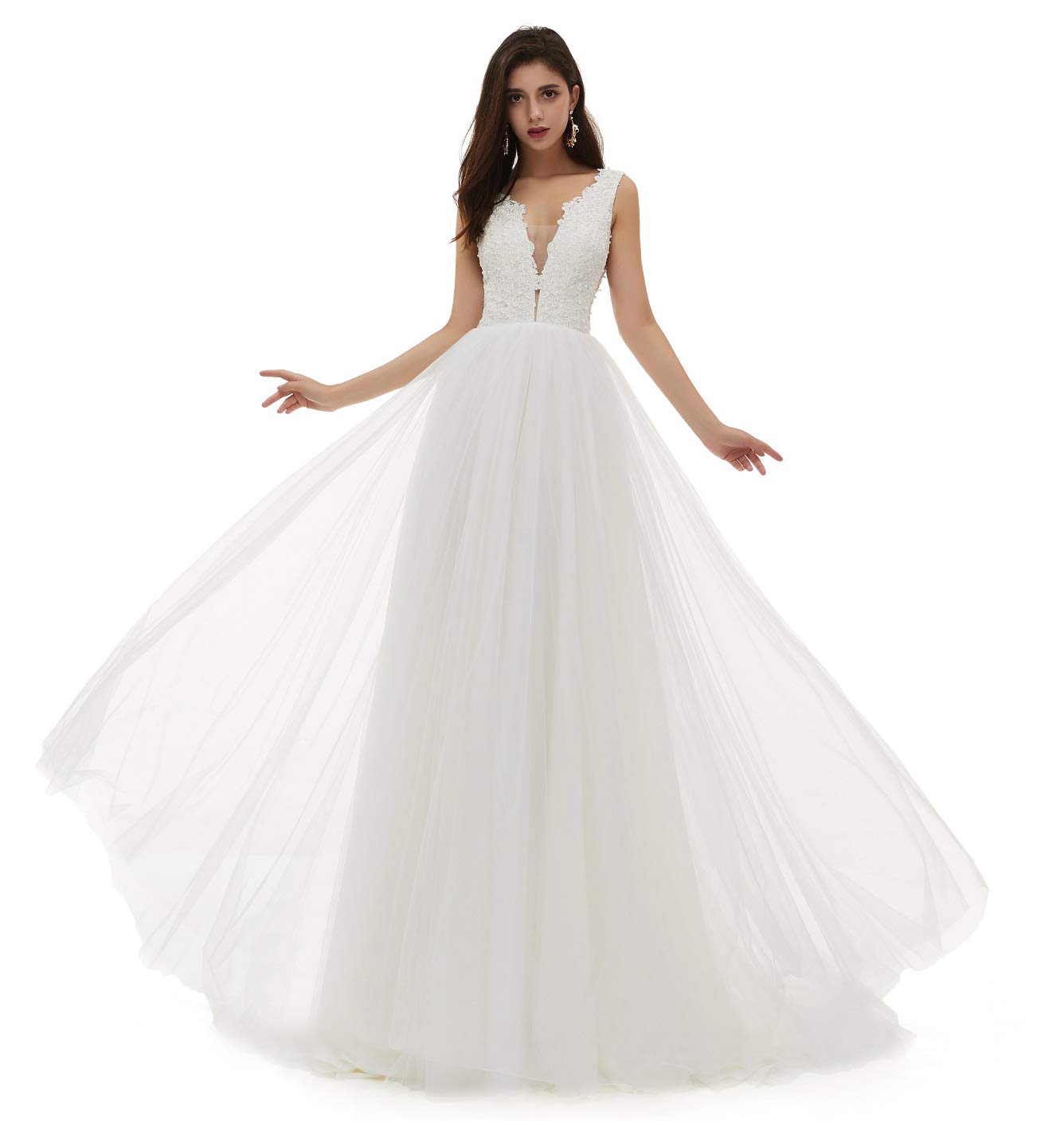 Elegant Women's V-Neck Beaded Lace Applique Wedding Dress for Beach Bridal, Boho Chic Summer Ceremony & Photoshoot