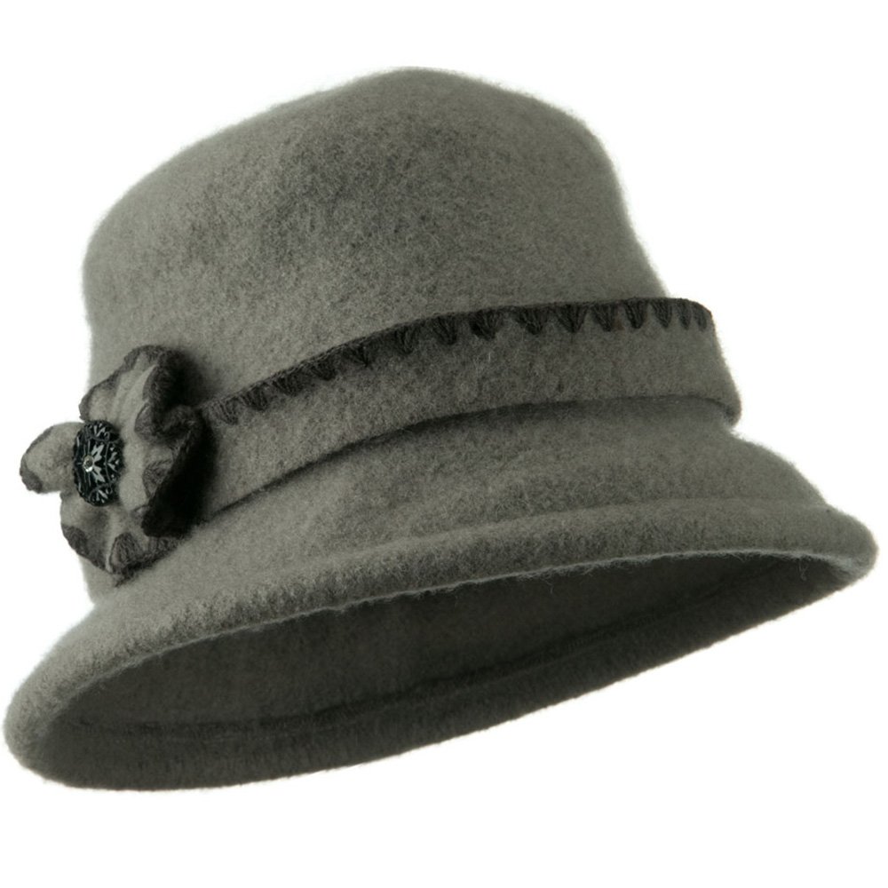 Cloche Wool Felt Floral Button Hat for Women - Grey W24S31B | Vintage Style Winter Hat for Outdoor Activities & Fashion Accessories