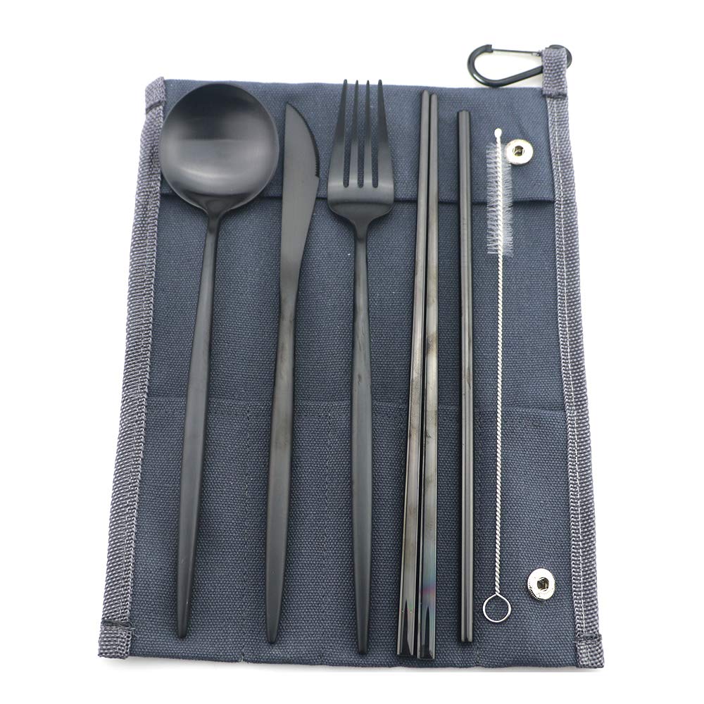 Premium Titanium-Coated 7-Piece Travel Cutlery Set - Durable 18/10 Stainless Steel Camping Flatware with Cotton Pouch - Compact Silverware for Outdoor Adventures, Picnics, Hiking & Work Lunch