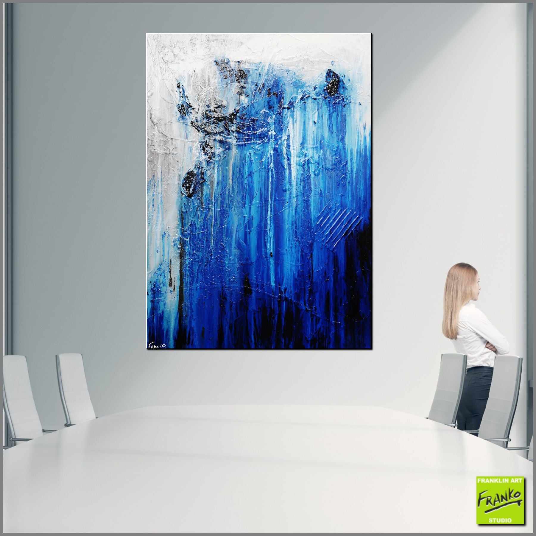 Blue White Grey Textured Abstract Painting - 140cm x 100cm Modern Wall Art for Living Room, Bedroom & Office Decor | Handmade Canvas Artwork
