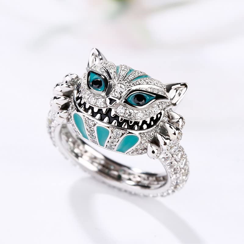 Jeulia 4.08 Carat Sterling Silver Enamel Cheshire Cat Ring for Women - Handmade White Diamond Animal Jewelry, Bridal Set for Wedding, Engagement & Anniversary Gifts - Perfect for Disney Fans, Cosplay & Unique Fashion Statements