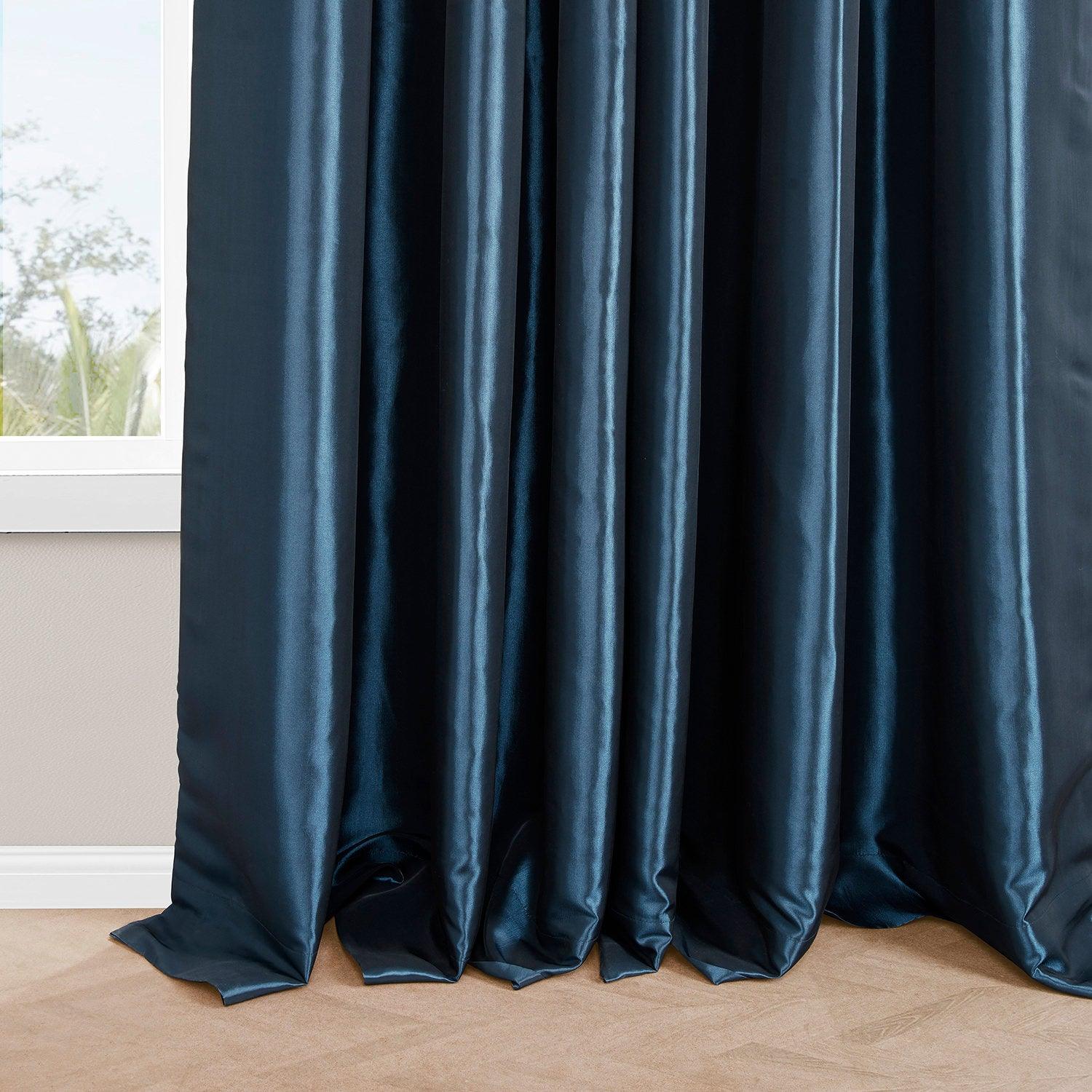 Navy Blue French Pleat Faux Silk Taffeta Blackout Curtains for Bedroom & Living Room - Light Blocking, Noise Reducing, Thermal Insulated Window Drapes