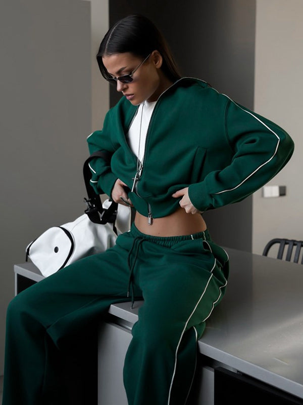 ZASUWA Women's Striped Casual Tracksuit with Zipper Pockets - Comfortable Jogging Outfit for Gym, Running & Lounge Wear