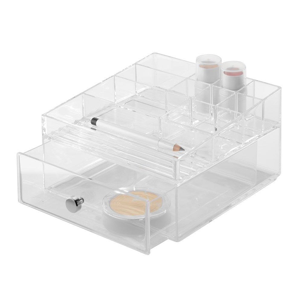 CLARITY Cosmetic Organizer with Drawer - Acrylic Makeup Storage Case for Vanity, Bathroom & Travel - Perfect for Lipsticks, Brushes & Skincare Products