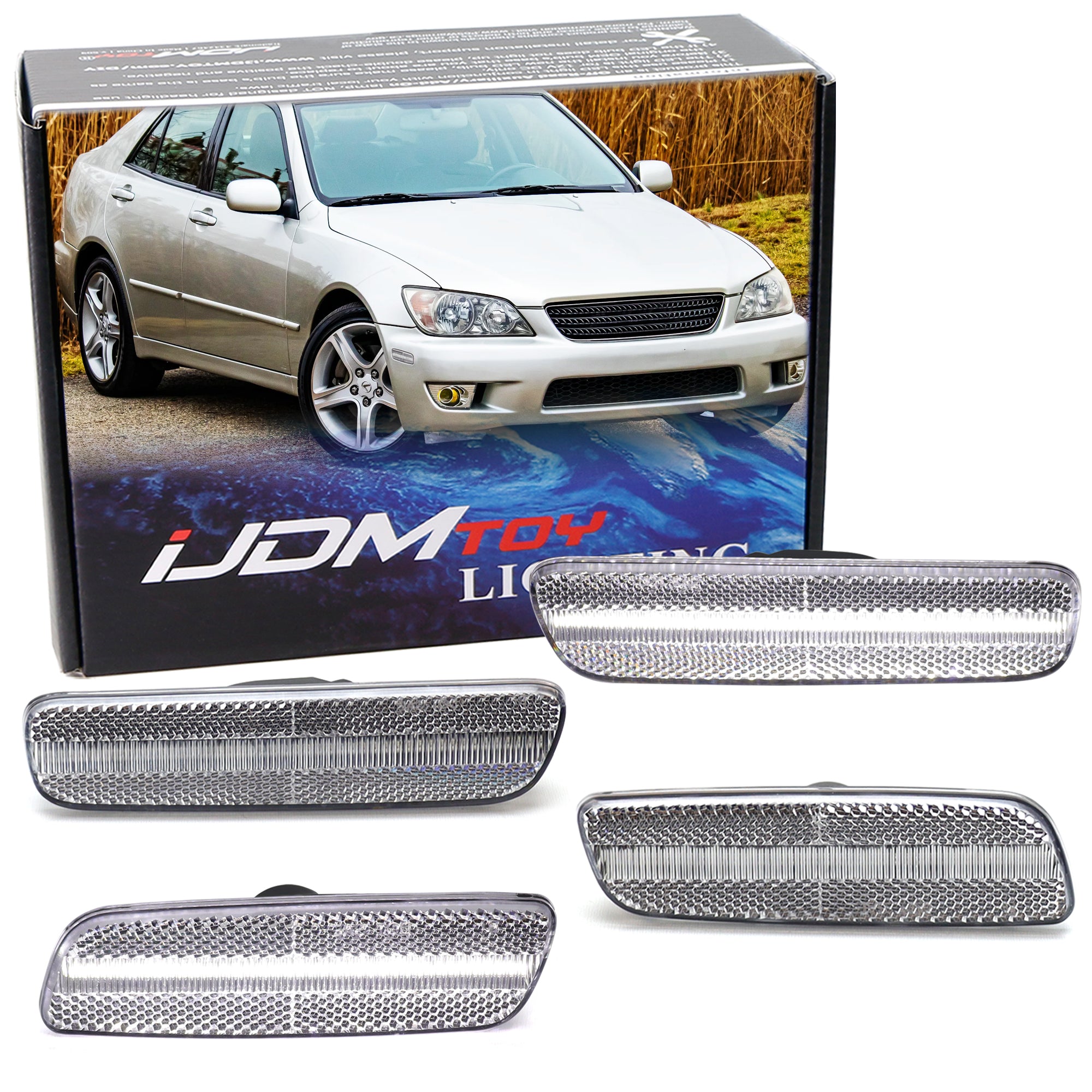 4pc Clear Lens White Full LED Front & Rear Side Markers for 2001-2005 Lexus IS300 - Upgrade Your Car Lighting for Night Driving & Enhanced Visibility