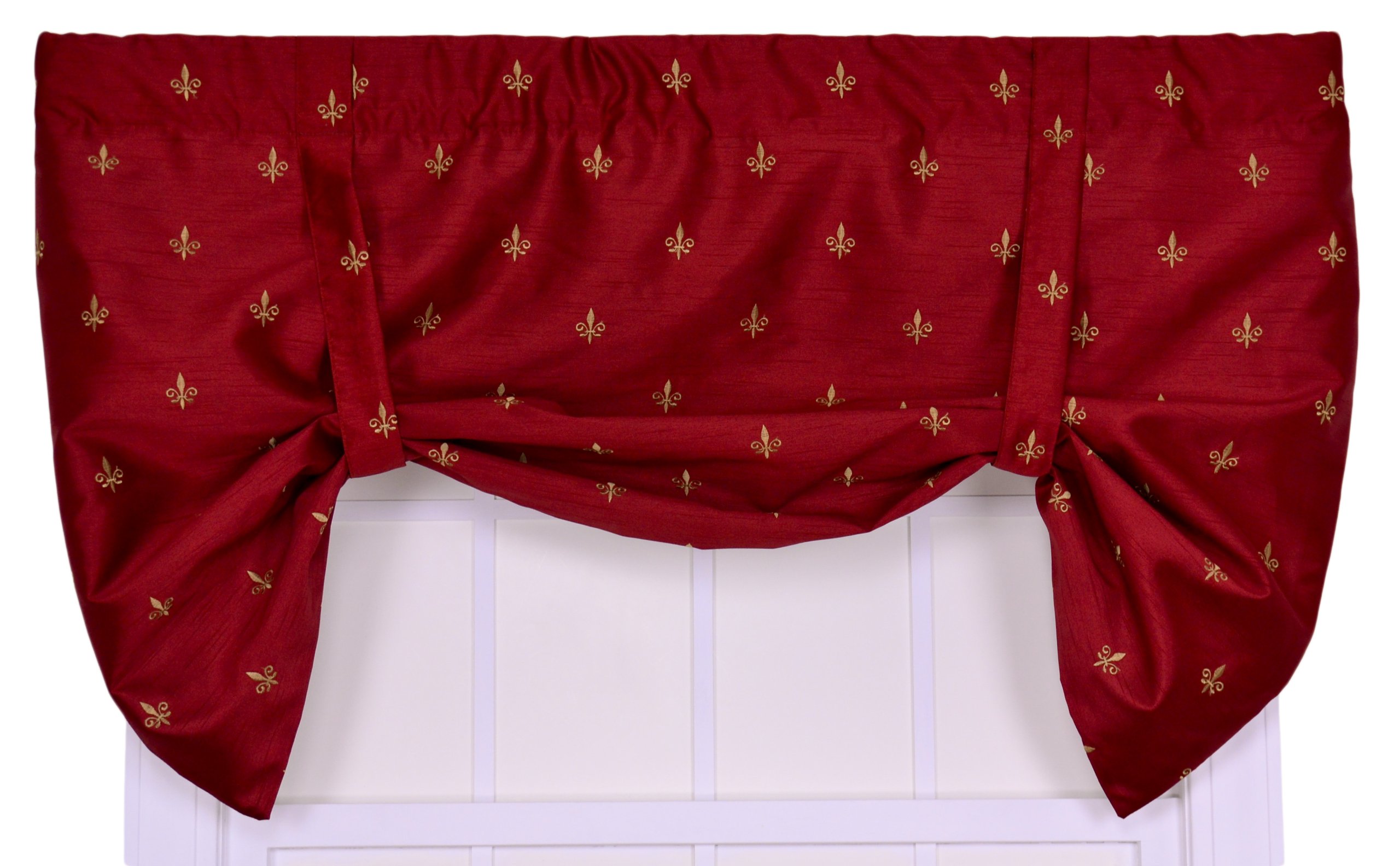 Ellis Curtain Fleur De Lis Faux Silk Lined Tie-Up Valance Window Curtain - Red | Elegant Home Decor for Living Room, Bedroom & Dining Room