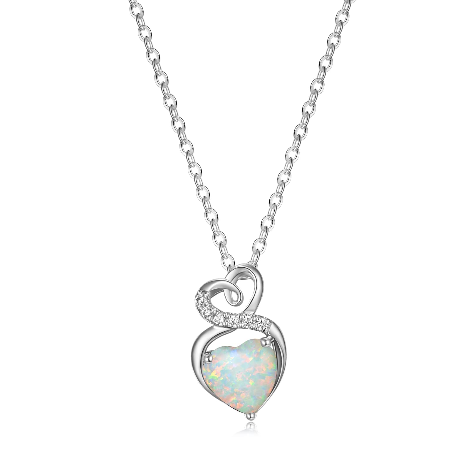 14K Solid White Gold Birthstone Necklace with Sterling Silver Chain - 1.5 CT Gemstone Heart Pendant - Dainty Fine Jewelry for Women (16