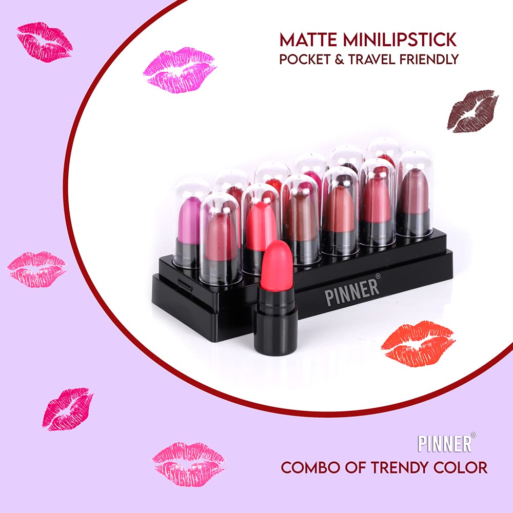 PINNER London Look Mini Pocket Lipstick Combo - 12 Vibrant Shades (Red, Magenta, Mauve, Purple, Peach, Cherry, Nude, Maroon, Brown, Pink, Disco Orange, Chocolate) 17.5g | Travel-Friendly, Everyday Wear & Party Makeup Essential