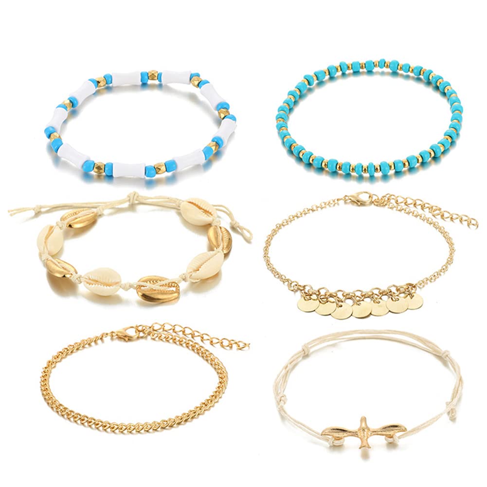 Elegant Meeshine Gold Anklet for Women & Girls - Boho Layered Shell Cuban Link Tennis Chain Ankle Jewelry Set | Perfect for Summer Beach, Vacations & Boho Fashion Accessories