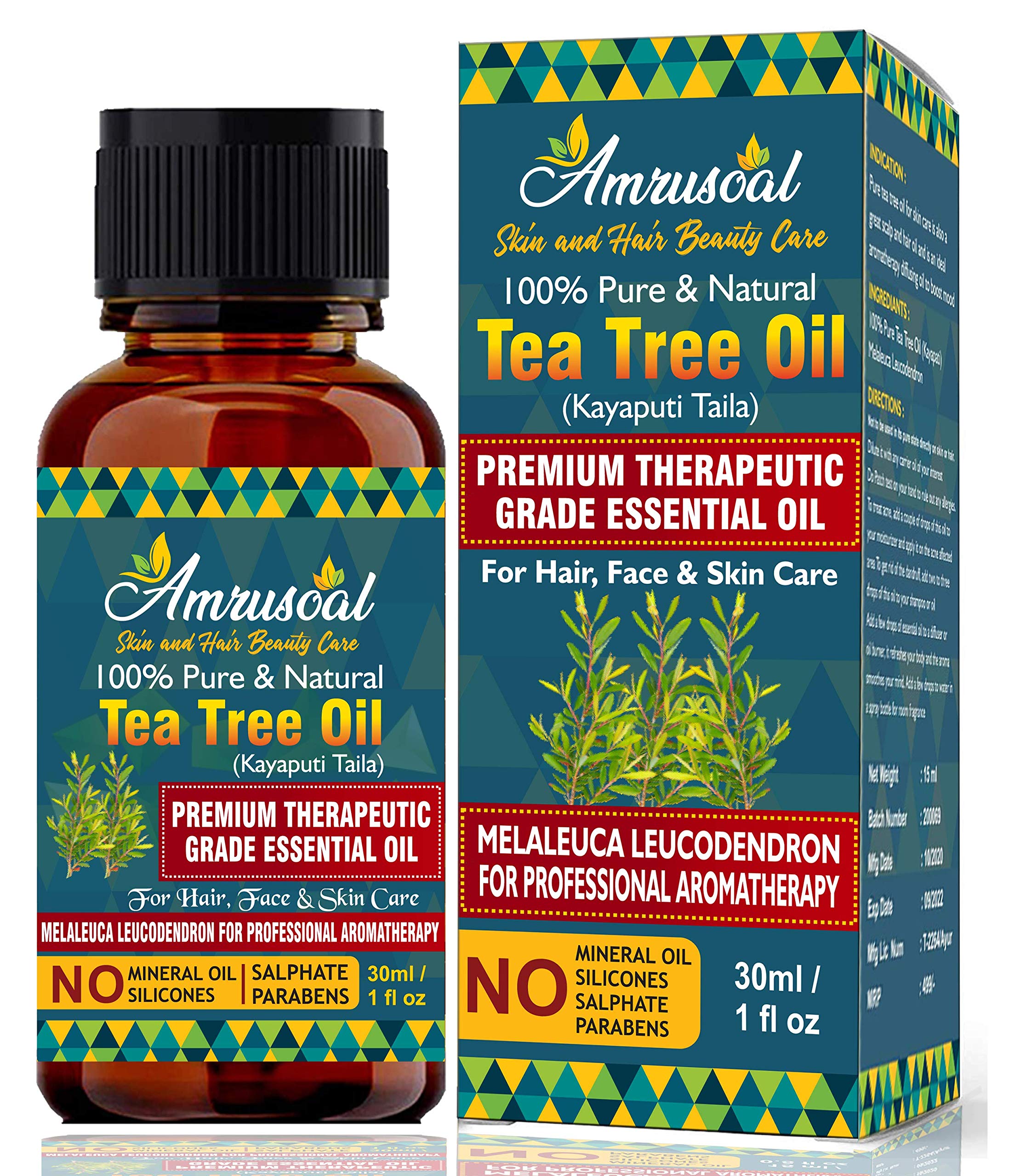 AMRUSOAL 100% Pure Organic Tea Tree Essential Oil (30ml) - Therapeutic Grade for Aromatherapy, Healthy Skin & Hair Care - Natural Remedy for Dandruff, Acne, Pimples & Stress Relief - Perfect for Diffusers, Massage & DIY Beauty Products