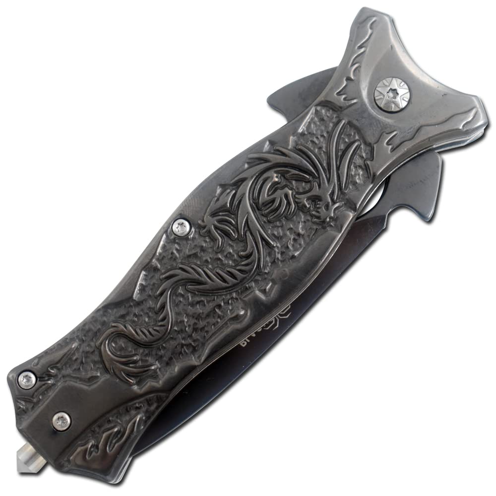 Tactical Folding Pocket Knife - Snake Eye Design with Half-Serrated Blade & Dragon Handle (Black) | EDC, Outdoor Survival, Camping, Hunting Gear