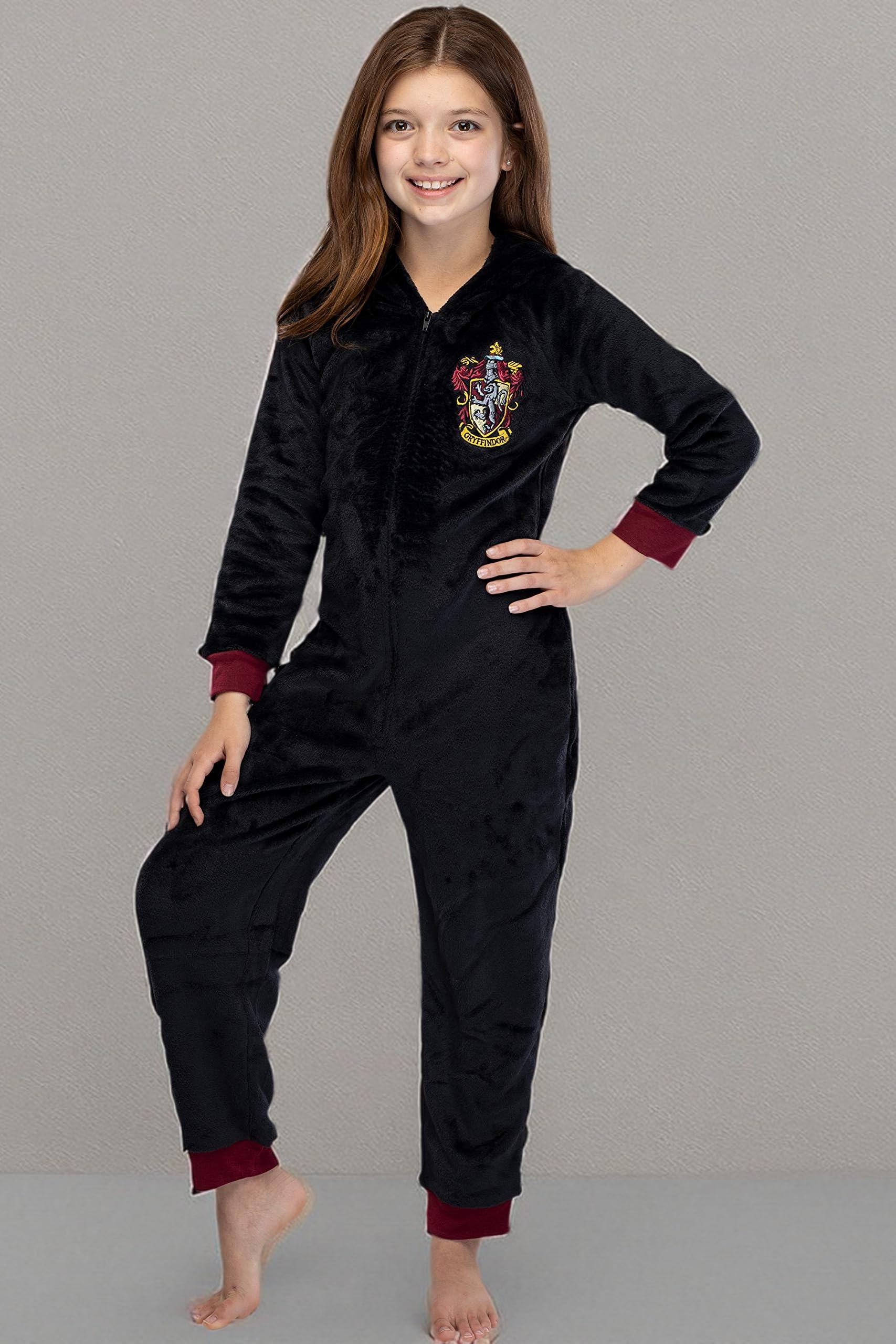 Harry Potter Unisex Kids Hooded Pajama Union Suit - Gryffindor, Slytherin, Ravenclaw & Hufflepuff 4 Houses - Soft Fleece Onesie for Boys & Girls - Perfect for Halloween Costumes, Christmas Gifts & Cozy Family Movie Nights