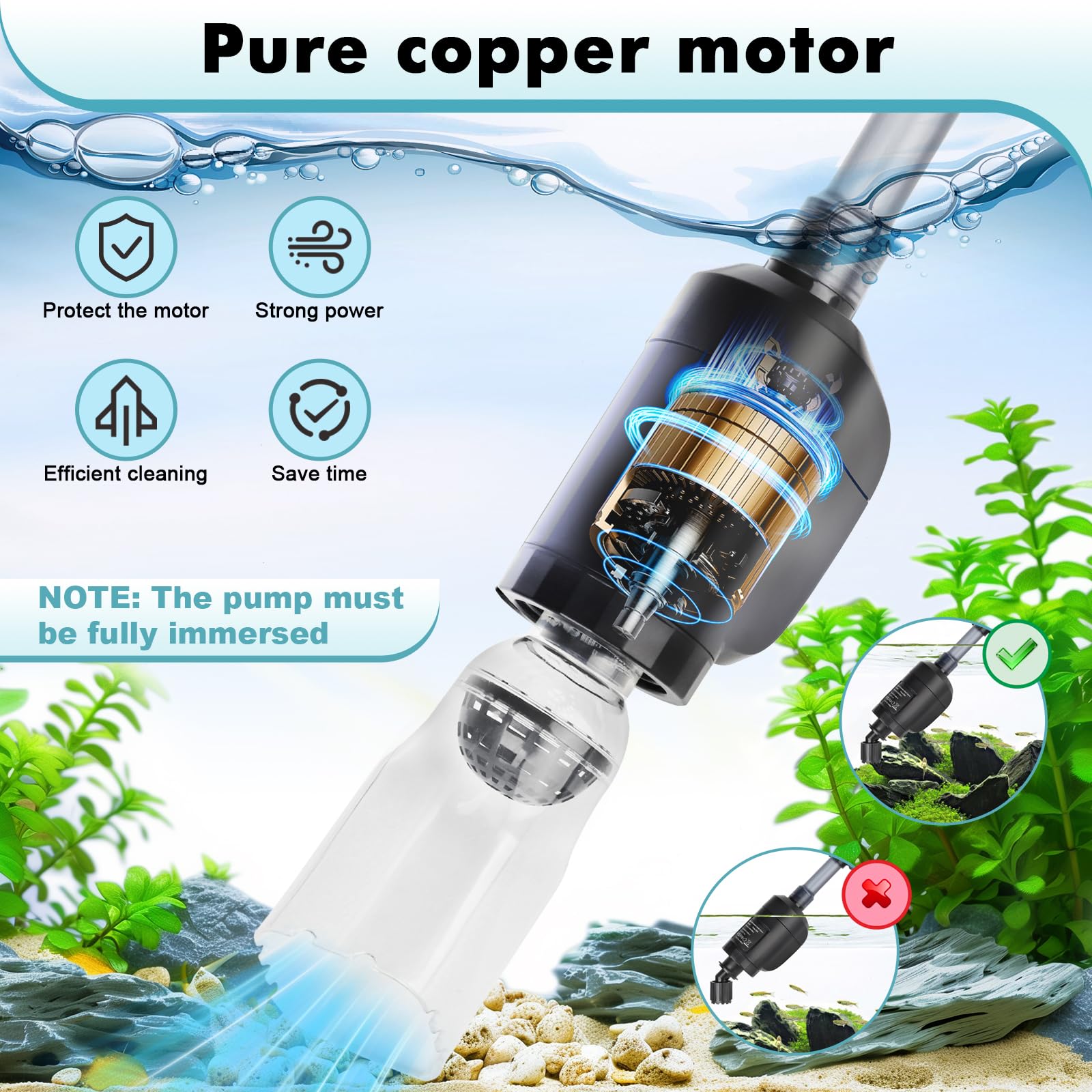 AQQA 6-in-1 Electric Aquarium Gravel Cleaner & Water Changer - 20W 320GPH Multi-Functional Fish Tank Cleaner for Freshwater & Turtle Tanks - Ideal for Water Cleaning, Circulation & Maintenance