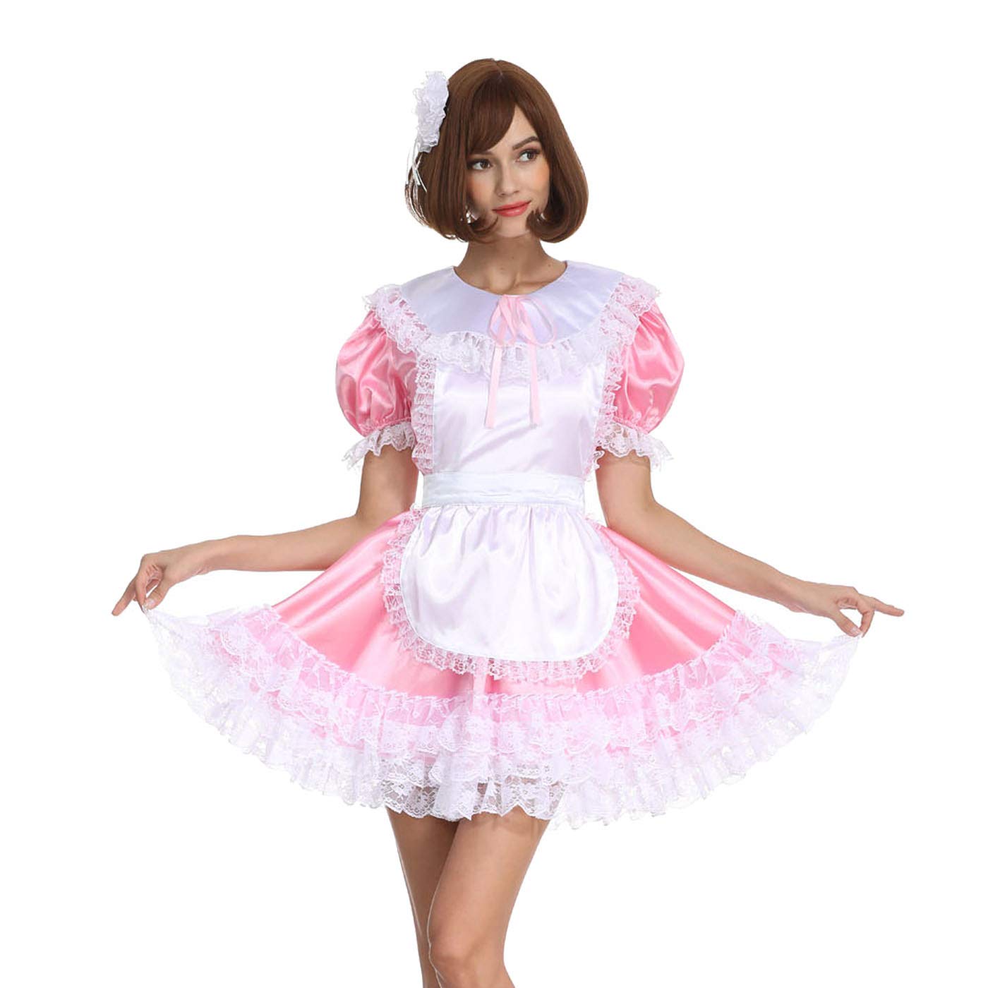 GOceBaby Women's French Maid Costume - Cute Bow Pink Shiny Satin Dress with Round Neck | Crossdressing Outfit for Cosplay, Halloween & Role Play Parties