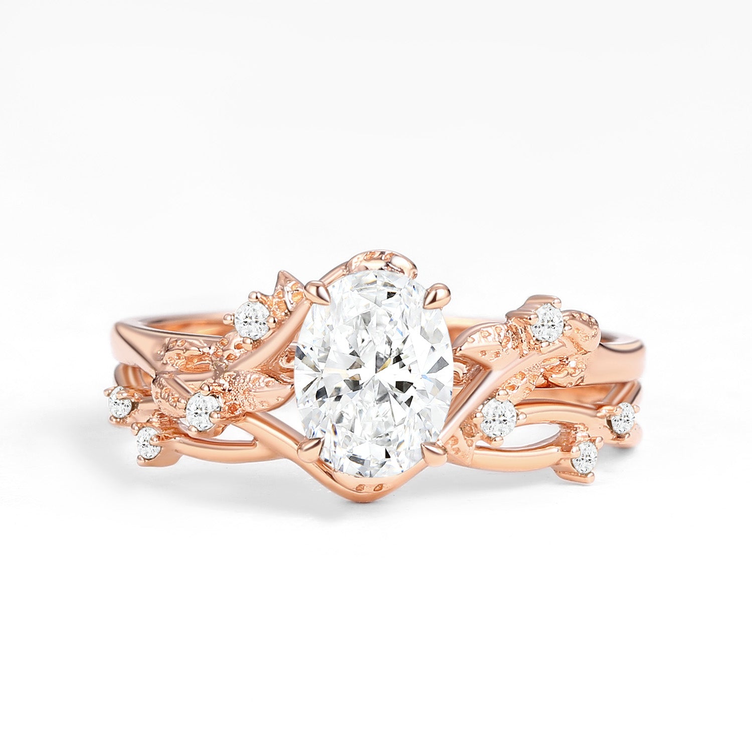 Nature Inspired Oval Cut Moissanite Leafy Gold Ring Set 2pcs - Elegant Botanical Jewelry for Women, Perfect for Weddings, Anniversaries & Nature-Themed Events