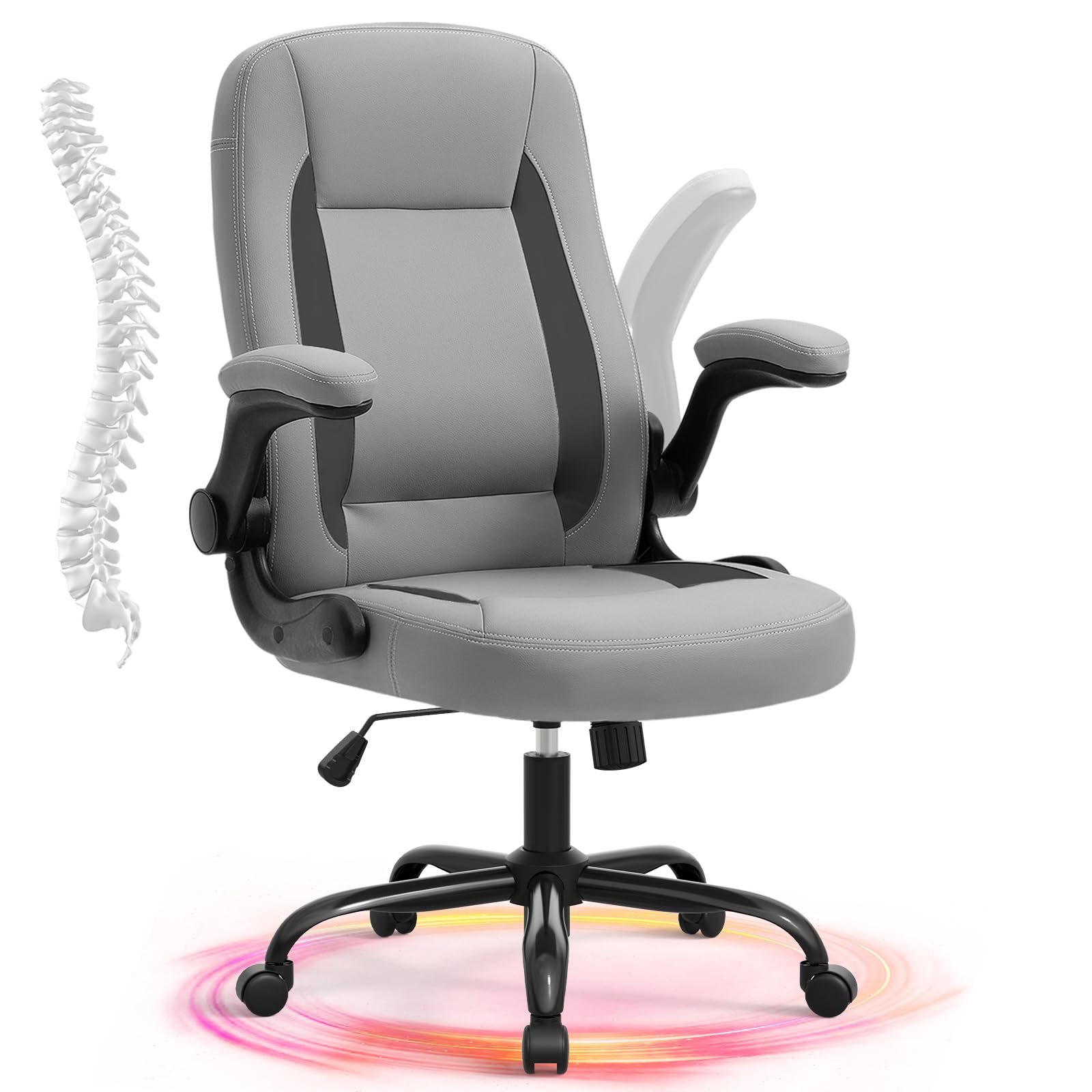 SEATZONE Ergonomic High Back Office Chair with Flip-Up Arms, Swivel & Wheels - Modern Leather Desk Chair for Adults & Teens - Gray - Perfect for Home Office, Gaming & Workspaces
