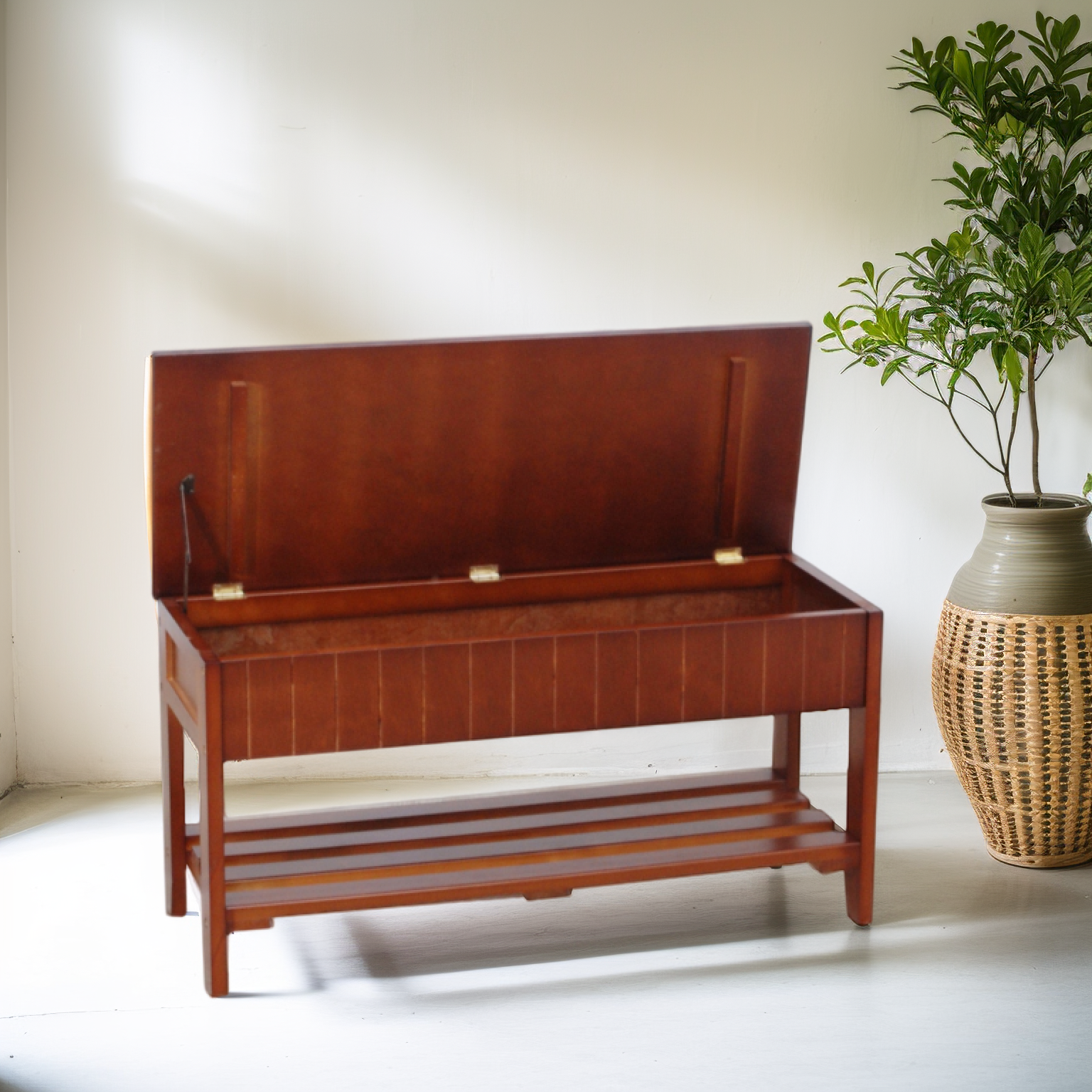Roundhill Solid Wood Shoe Bench with Storage - Cherry Finish Entryway Organizer for Shoes, Boots & Home Décor | Perfect for Hallway, Mudroom or Bedroom Storage Solution