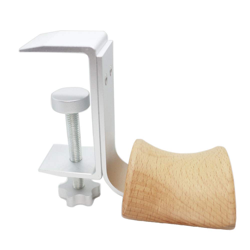 Beech Wood & Silver Clamp Headphone Stand Holder - Under Desk Headset Hanger Bracket for Audio, Studio & Gaming Headphones - Perfect for Home Office, Gaming Setup and Music Studio Organization