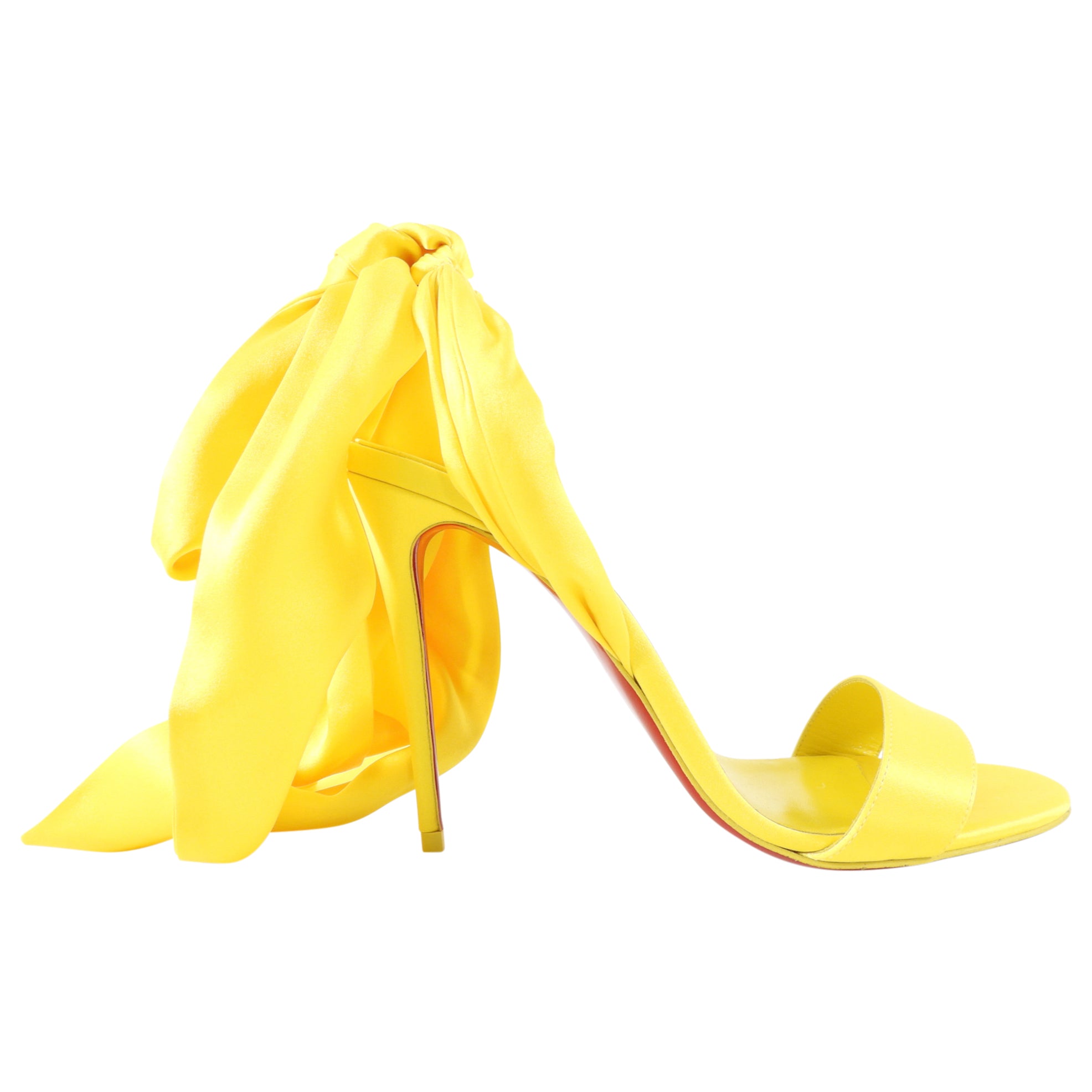 Christian Louboutin Desert Sandal 100mm Yellow Silk Wrapped Heels Size 37.5 - Perfect for Summer Weddings & Beach Vacations