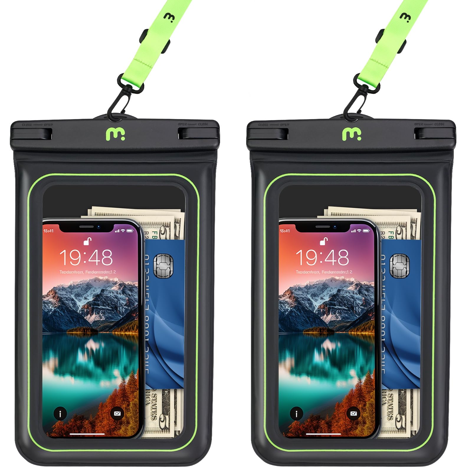MYBAT PRO 2 Pack IPX8 Waterproof Phone Pouch (XL Size) - Floating Dry Bag with Detachable Lanyard for iPhone 16 Pro Max/15/14, Samsung S24 Ultra/S23, Google Pixel - Black & Green - Perfect for Swimming, Beach, Kayaking and Water Sports