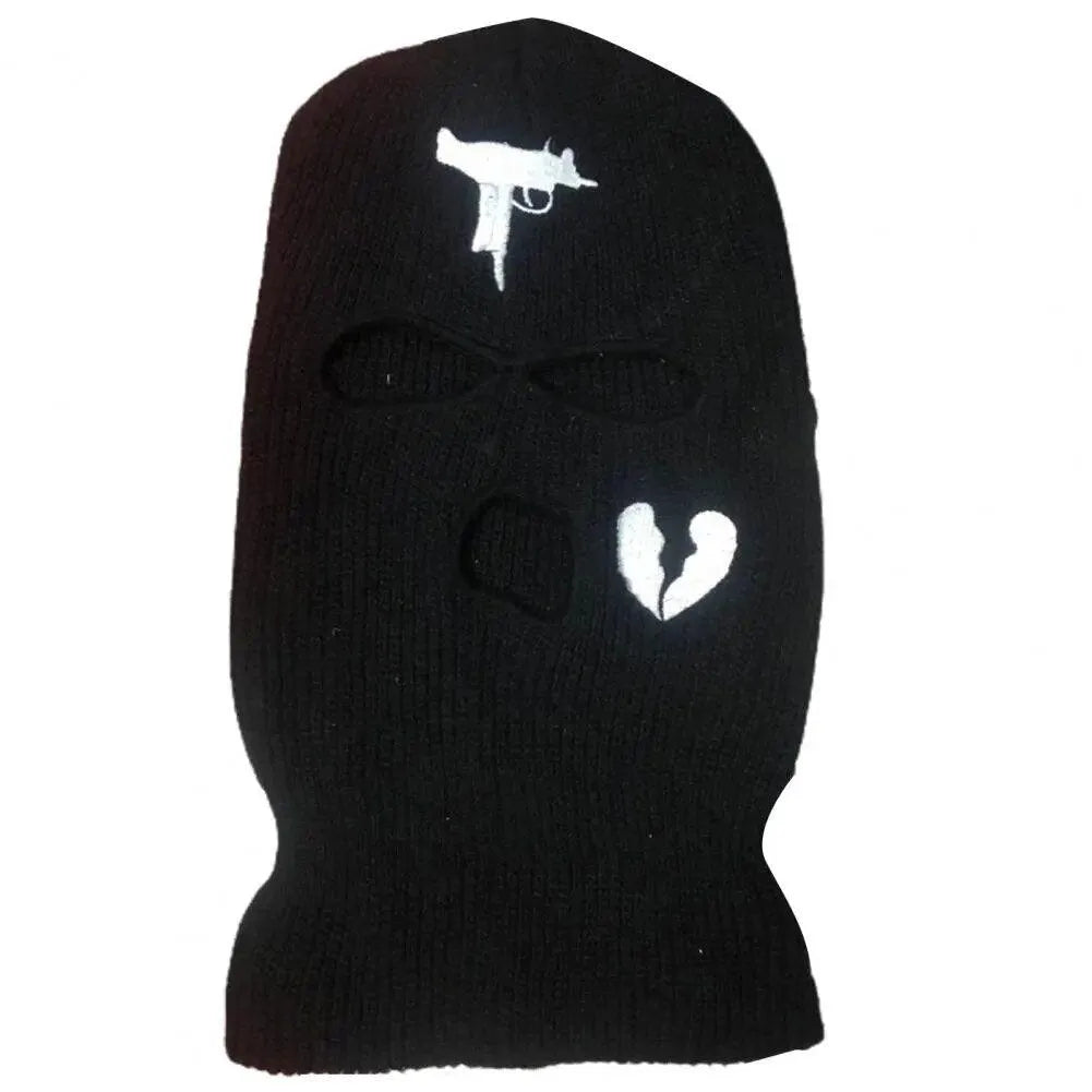 3 Hole Knit Ski Mask Balaclava - Winter Full Face Cover with Heart Embroidery - Thermal Neck Warmer for Cycling, Skiing & Outdoor Activities - Y2K Fashion Face Mask for Cold Weather Protection