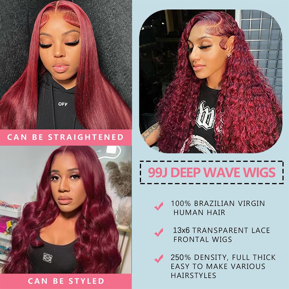 99J Burgundy Deep Wave Lace Front Wig - 250% Density Human Hair - 13x6 Glueless HD Transparent Lace Frontal - Pre Plucked with Baby Hair - 28 Inch Curly Wigs for Women - Perfect for Daily Wear, Parties, Cosplay and Special Occasions