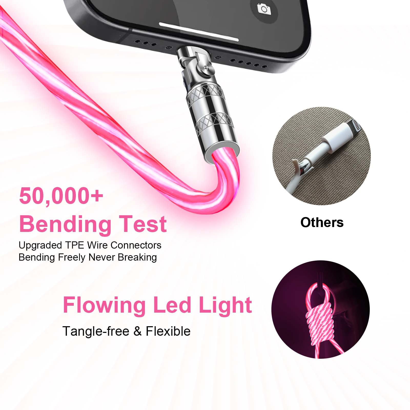 180° Rotating Fast Charging Lightning Cable 2M with LED Flowing Light - USB to Lightning Charger for iPhone 14/13/12/11/Pro Max/XS/XR/8/7/6 & iPad - Perfect for Home, Office & Travel Use