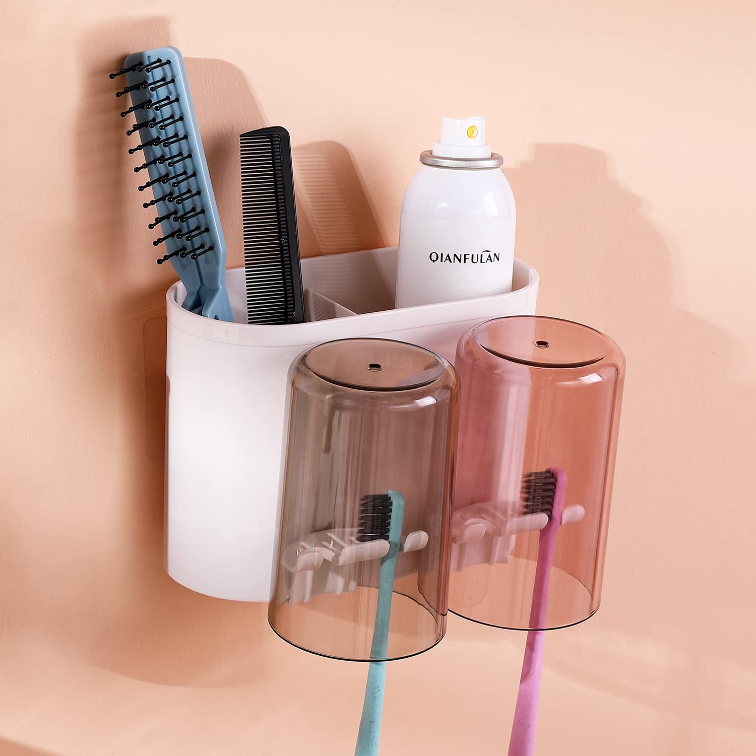 Wall Mounted Toothbrush Holder Set for Couples - 2 Cup Bathroom Organizer with Electric Toothbrush Stand | Perfect for Small Bathrooms, Vanity Countertops & Travel Accessories