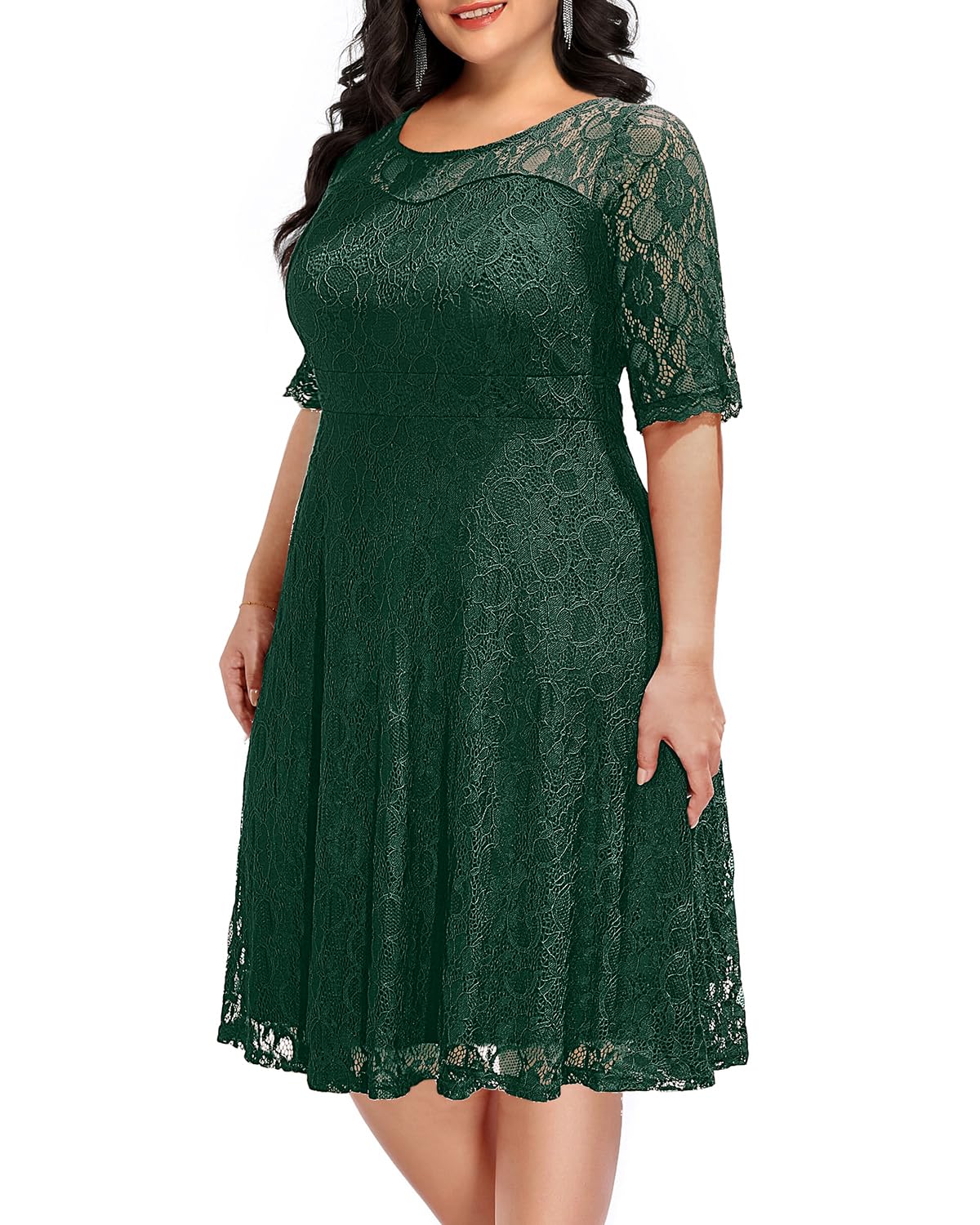Plus Size Women's Lace V-Neck Midi Dress for Wedding Guest, Bridal Shower & Cocktail Party | Elegant Semi-Formal Attire for Special Occasions
