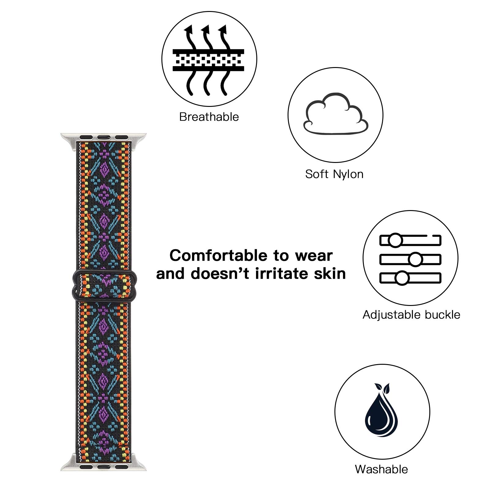 Adjustable Stretchy Solo Loop Nylon Strap for Apple Watch 38mm 40mm 41mm 42mm 44mm 45mm - Compatible with iWatch Series SE/7/6/5/4/3/2/1 - Soft Elastic Sport Band for Running, Swimming & Everyday Wear