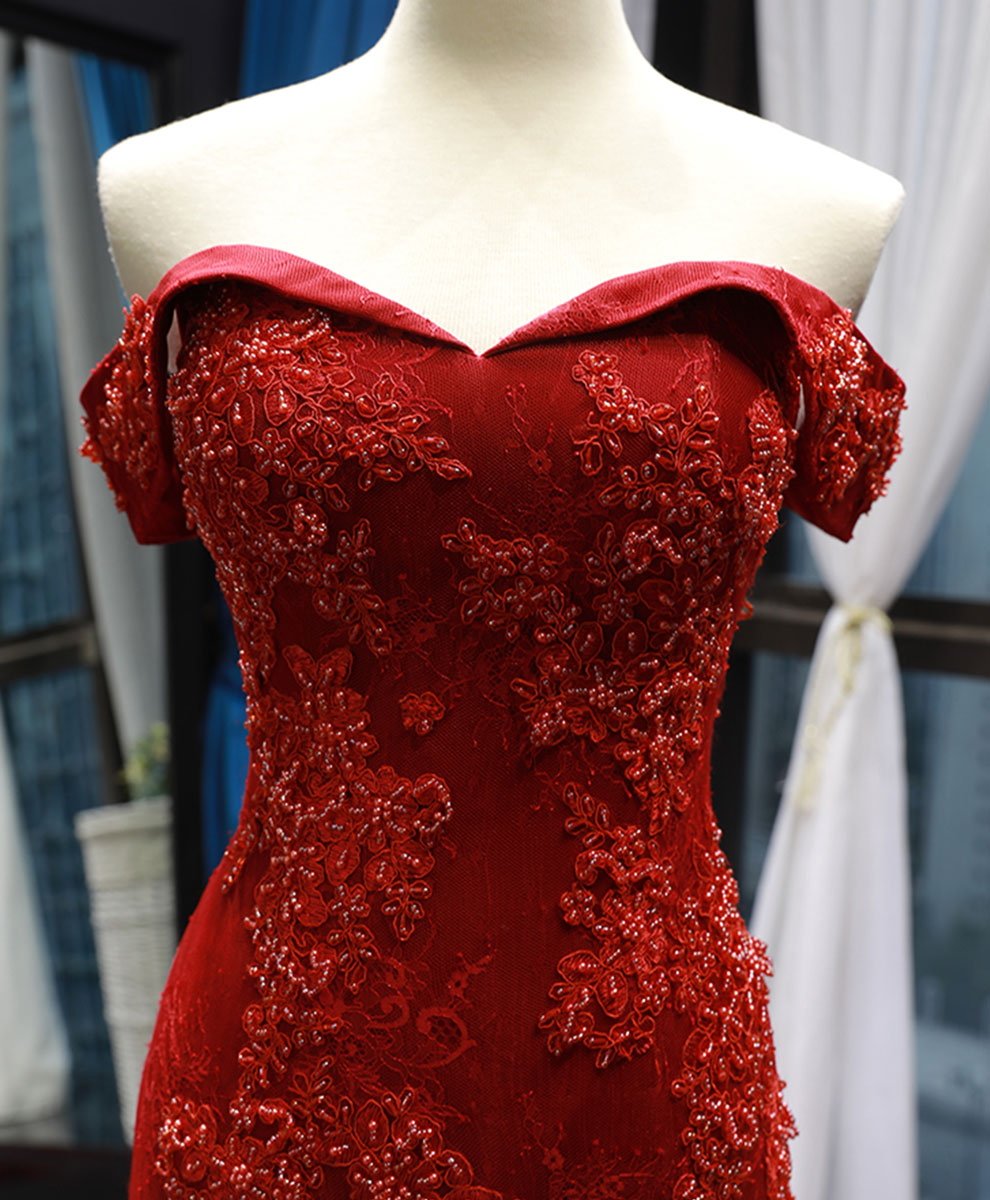 Elegant Burgundy Off Shoulder Tulle Lace Mermaid Long Prom Dress for Women - Formal Evening Gown for Homecoming, Wedding, Party & Special Occasions