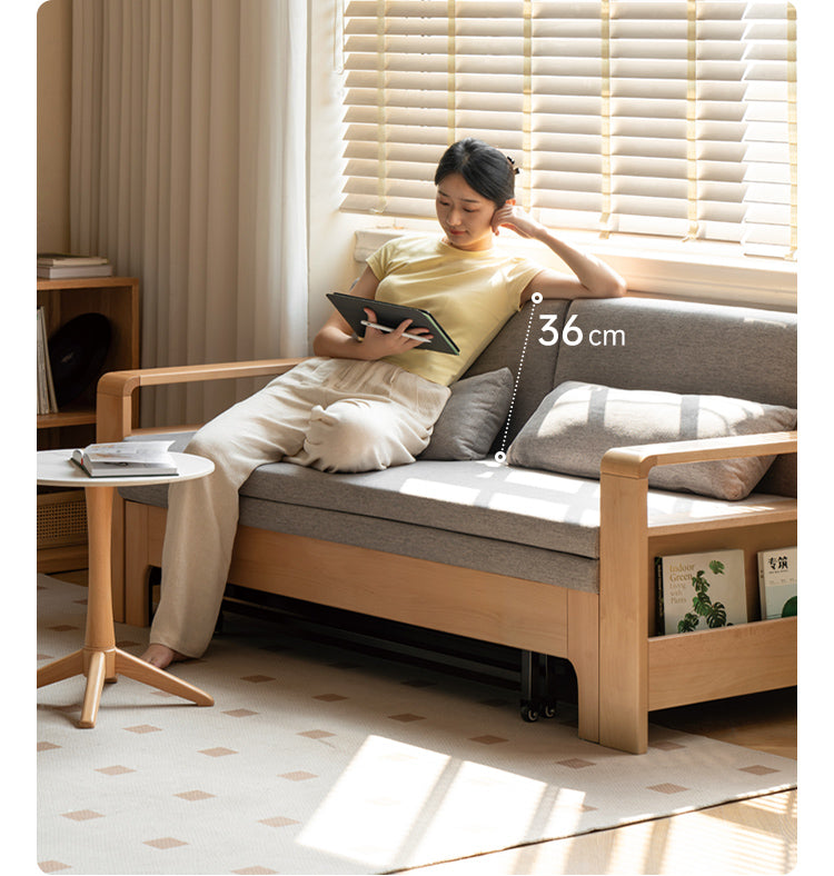 Solid Wood Sleeper Sofa - Beech & Oak Multi-Functional Convertible Sofa Bed for Living Room, Guest Room & Small Spaces