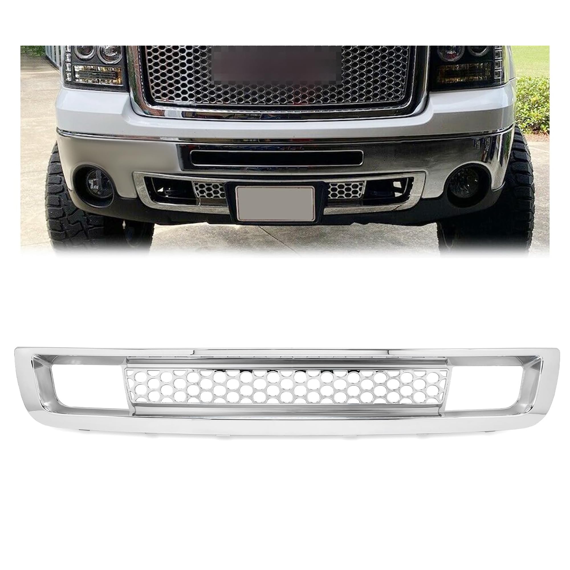 KUAFU Front Bumper Lower Grille Replacement for 2007-2013 GMC Sierra 1500 Denali - Chrome Silver Bumper Grill - Perfect for Off-Roading & Truck Customization