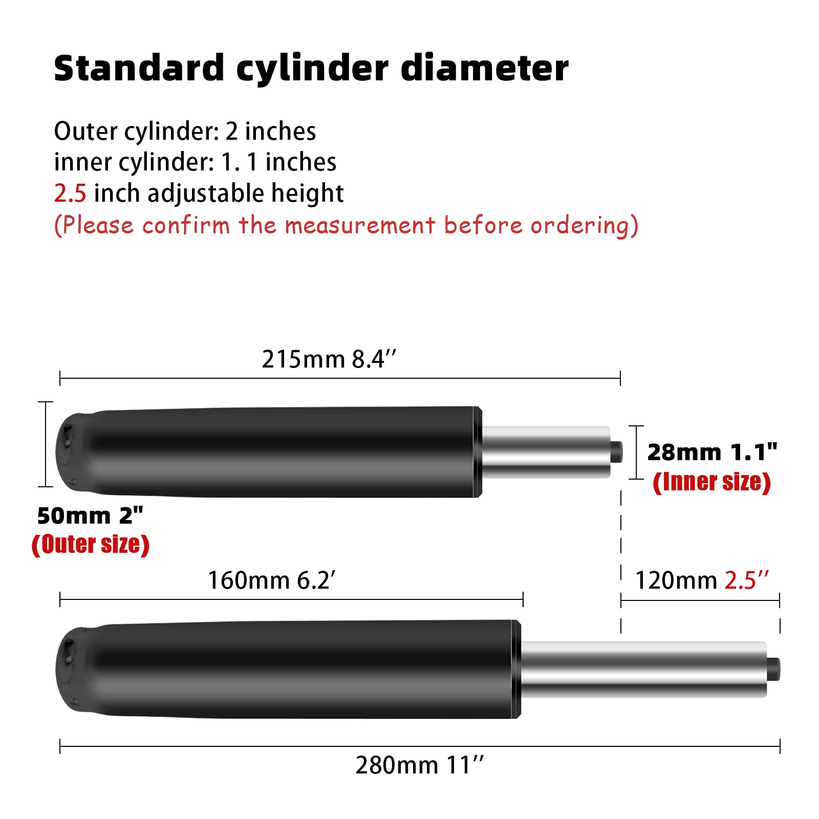 2.5 Inch Heavy Duty Office Chair Gas Lift Cylinder - Universal Replacement Hydraulic Piston for Most Office Chairs | Durable Pneumatic Lift Mechanism for Home & Office Use | Perfect for Chair Repair, Height Adjustment & Ergonomic Support