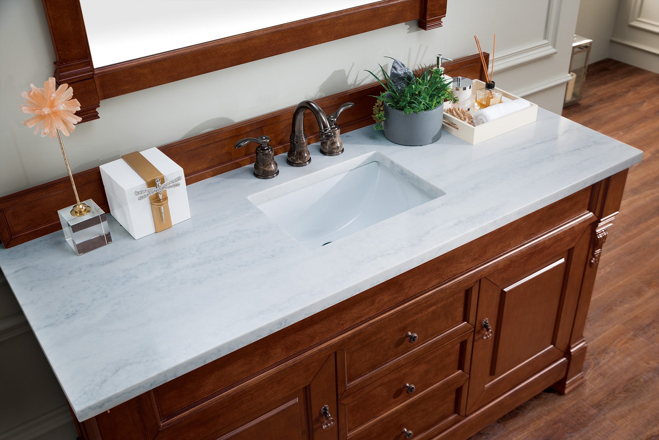 Brookfield 60 Inch Single Bathroom Vanity with Warm Cherry Finish & 3CM Arctic Fall Solid Surface Top - Perfect for Modern Home Bathroom Renovation