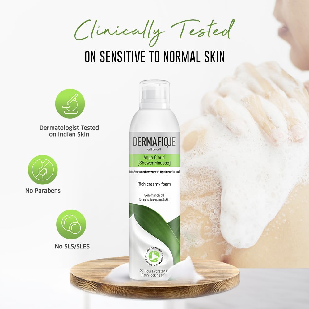 Dermafique Aqua Cloud Shower Mousse - 200ml Hydrating Body Wash for Women & Men with Seaweed Extracts & Hyaluronic Acid | Rich Foam, NMF Technology | Sensitive & Normal Skin | Dermatologist Tested | Perfect for Daily Shower & Spa Relaxation