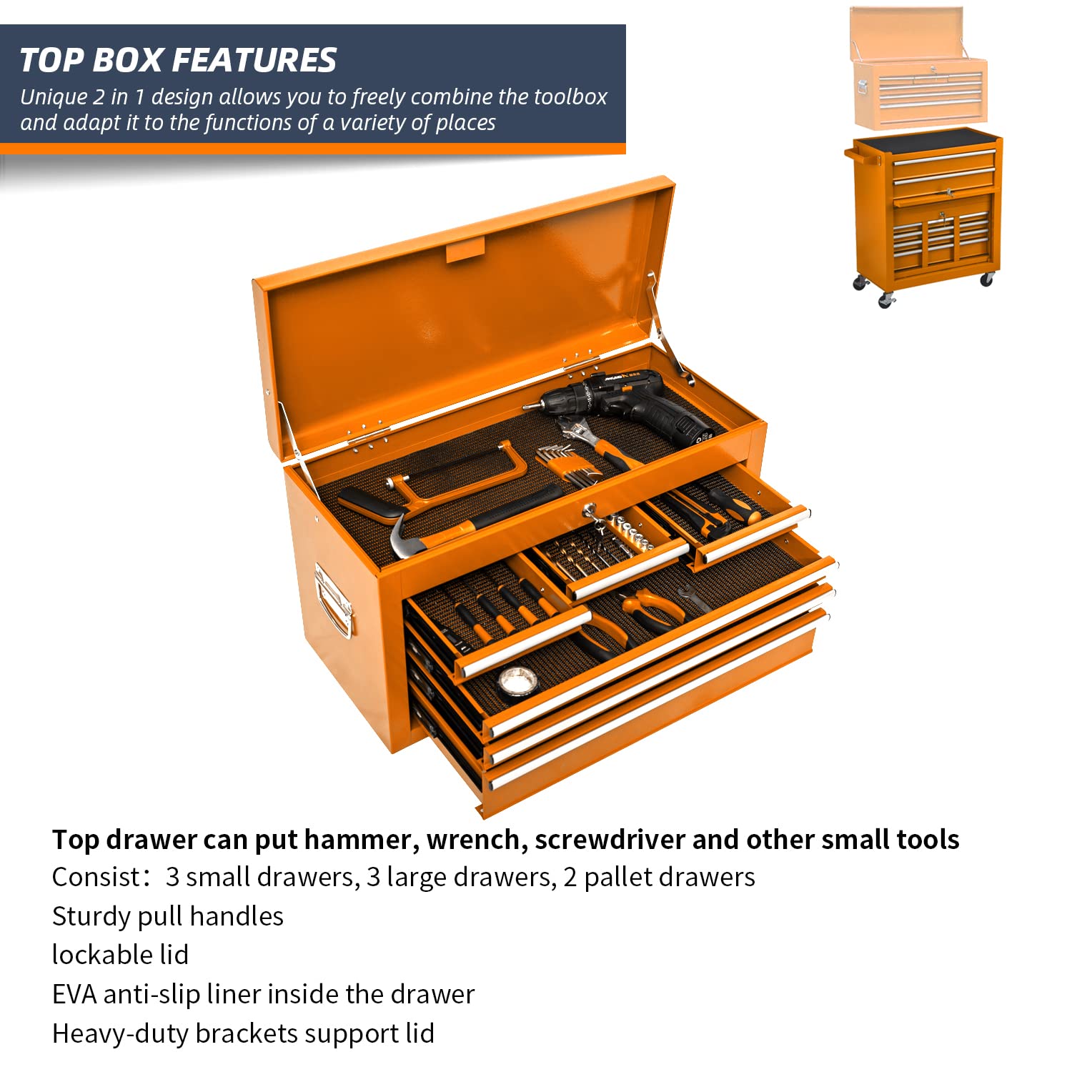 8-Drawer High Capacity Rolling Tool Chest with Lock - Heavy Duty Tool Storage Cabinet on 4 Wheels, Sliding Drawers & Removable Portable Tool Box for Garage, Workshop & Warehouse (Orange) - Perfect for Mechanics, DIY Projects & Professional Tool Organization