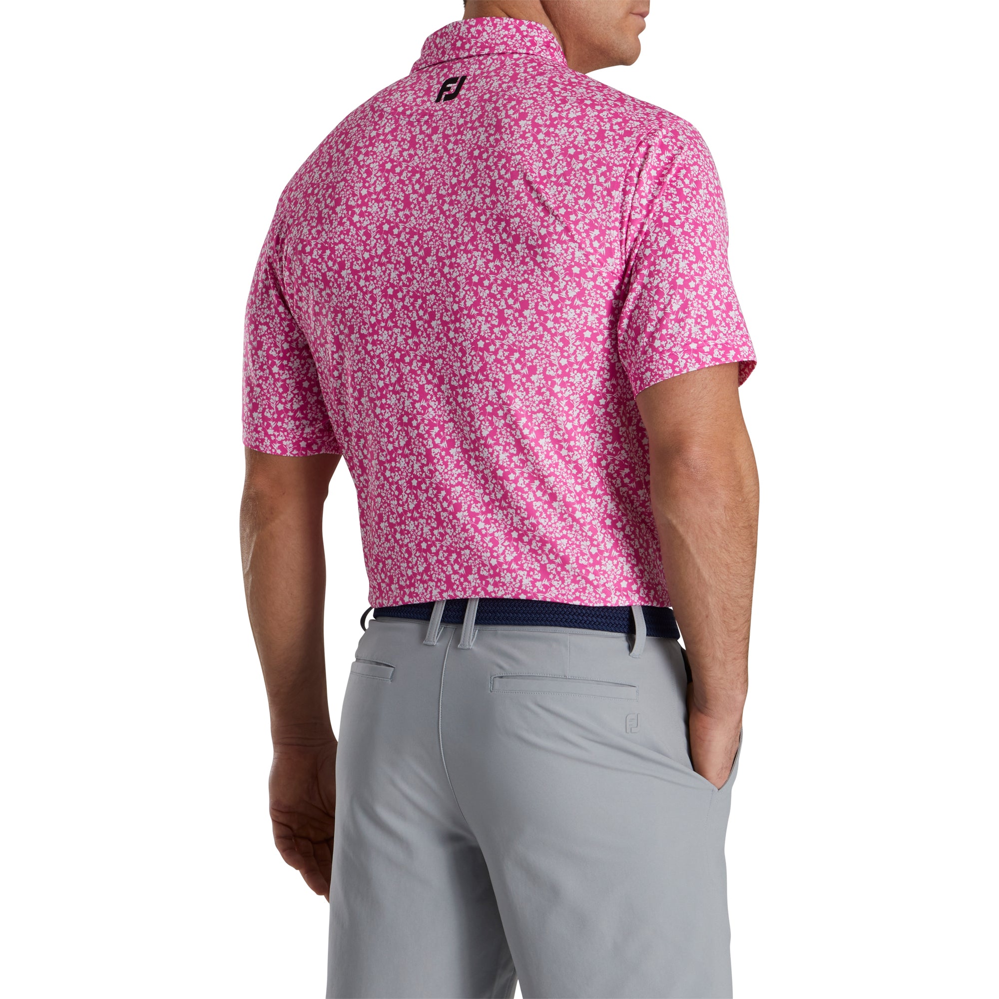 FootJoy Floral Vines Lisle Hot Pink Men's Golf Polo Shirt - Breathable Performance Fabric for Summer Golfing & Casual Wear
